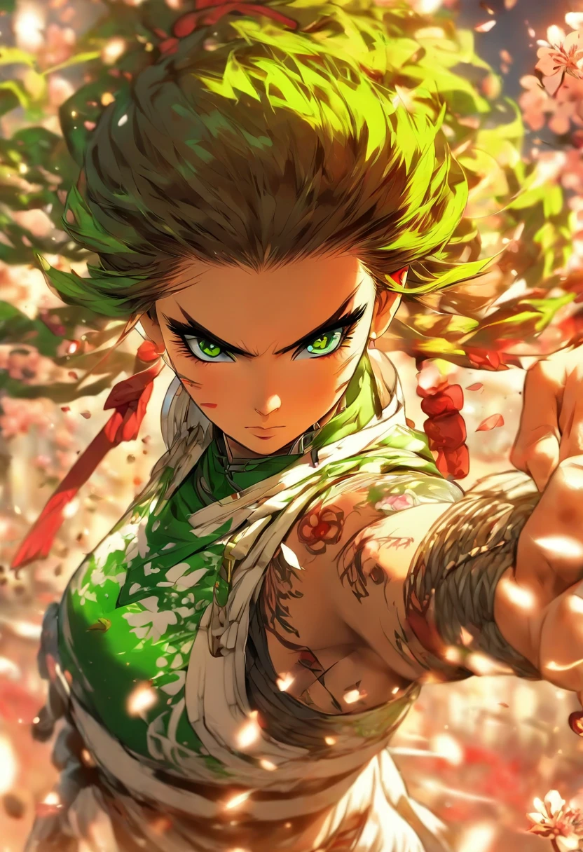 The most beautiful and sexy ninja warrior princess, brown hair, green eyes, wearing highly detailed white battle armor, tons of tattoos and piercings, blood splattered, cherry blossoms blowing in the wind, highly detailed background, perfect masterpiece, high quality, high resolution