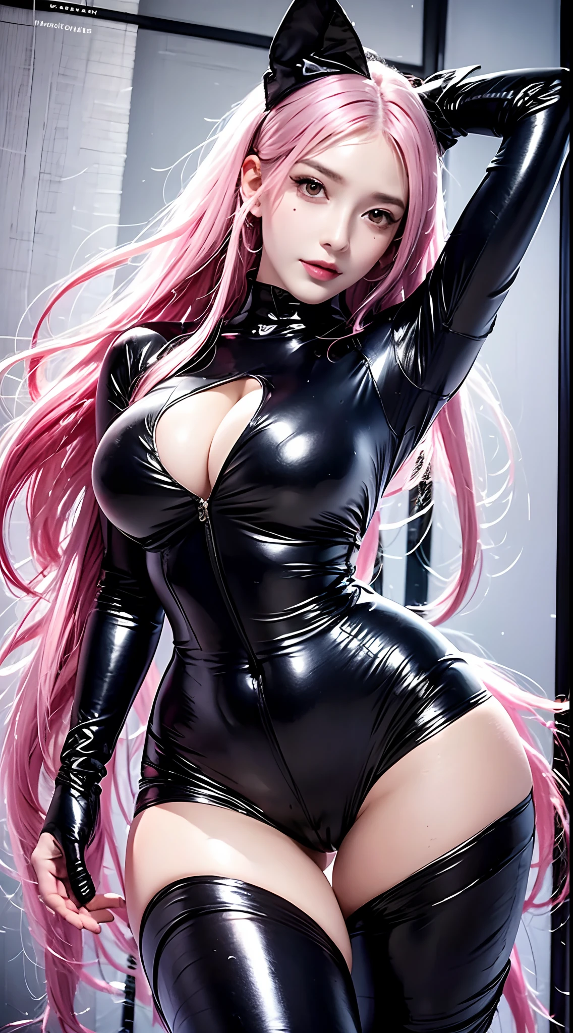 photorealistic, high resolution, soft light, 1women, solo, hips up, dynamic pose, shining skin, jewelry, tattoo, facial mark, fox ears, huge breasts, ah4, pink hair, hair ribbon, thick thighs, gantz black suit, thick suit, latex,