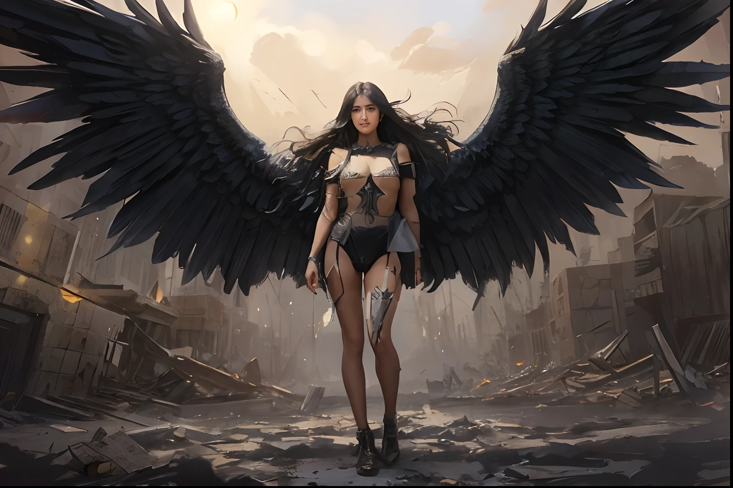with wings standing in a destroyed city, Vilania tem asas de anjo negro, humano alado, anjo escuro, Retrato do Anjo da Morte, Anjo com asas pretas, bonita do anjo do ciborgue, as a mystical valkyrie, raven winged female vampire, O Anjo da Morte, FALLEN ANGEL, asas de penas escuras, black wings instead of arms, Anjo no inferno
