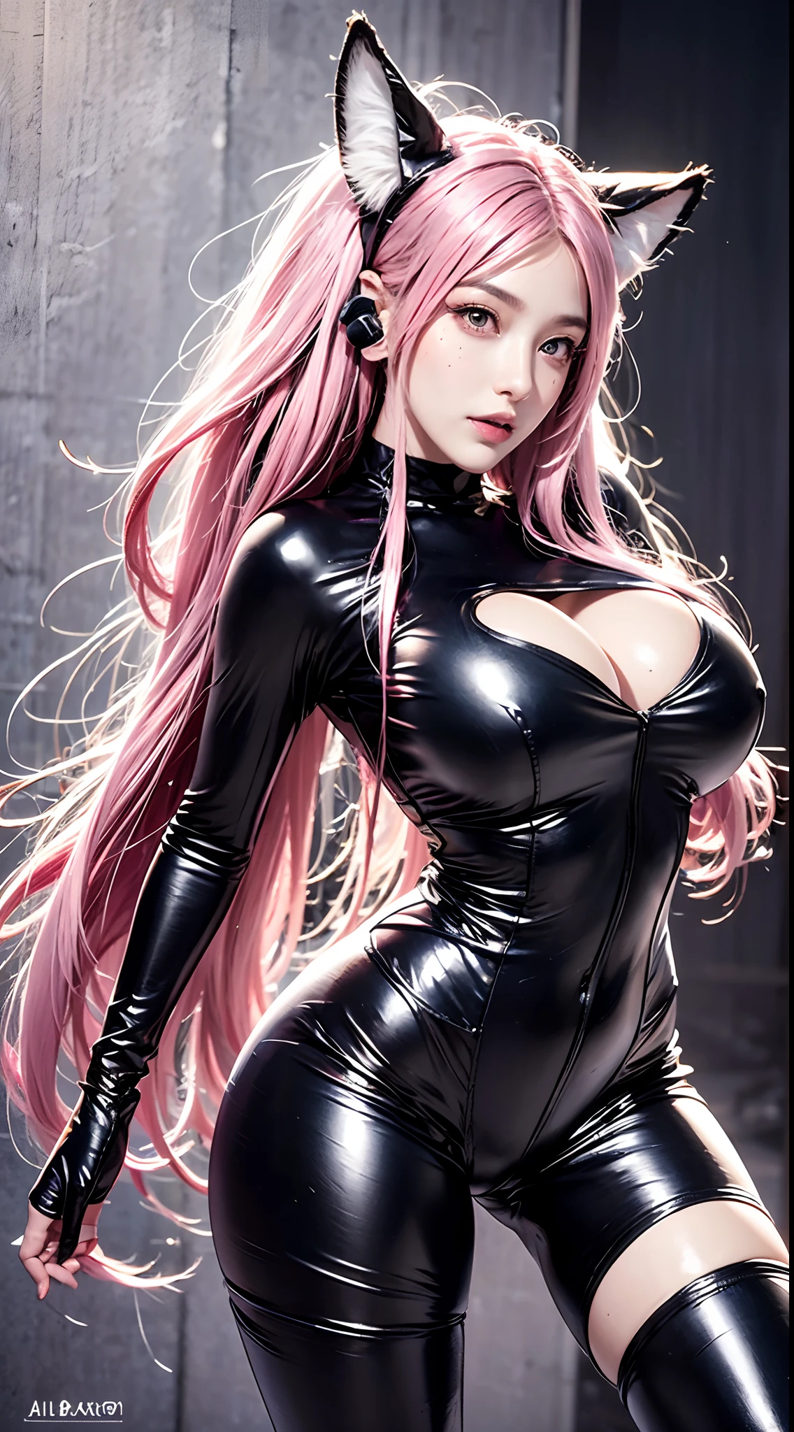photorealistic, high resolution, soft light, 1women, solo, hips up, dynamic pose, shining skin, jewelry, tattoo, facial mark, fox ears, huge breasts, ah4, pink hair, hair ribbon, thick thighs, gantz black suit, thick suit, latex,