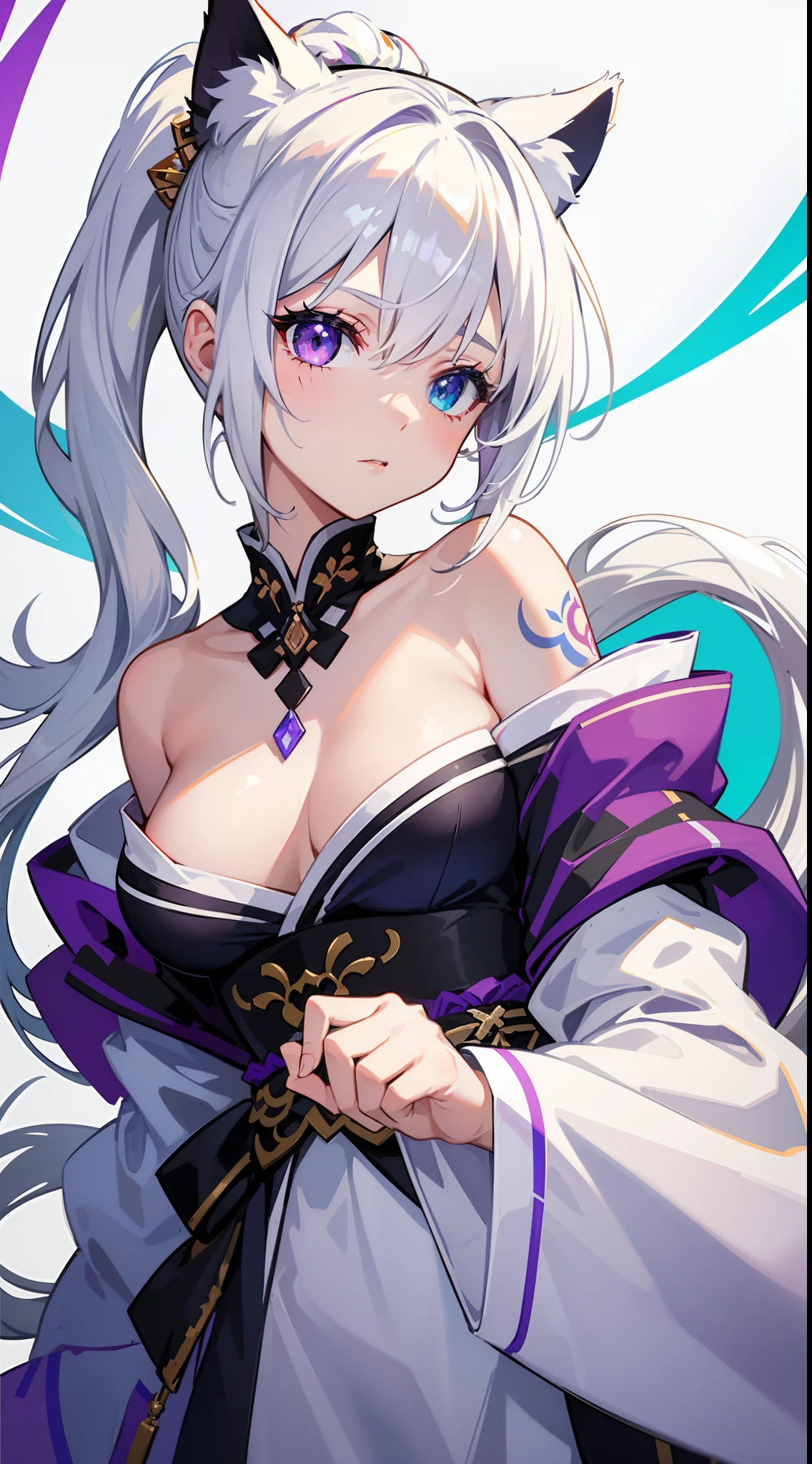young girl, white colored hair, Cat's ears, high ponytail, Heterochromia, blue and purple eyes, Blue kimono, tattoo, Sleeveless, Deep neckline on the chest, open breasts, open shoulders, Masterpiece, hiquality, high detail, HD, 4k
