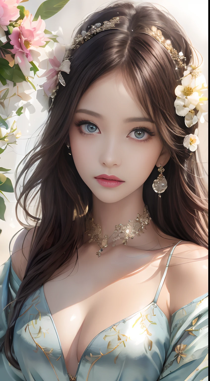 best qualtiy,tmasterpiece,A high resolution,1girll,Dingdall effect,realisticlying,edge lit,twotonelighting,(highdetailskin:1.2),8K UHD,Pure,Sweet,Flower background,Colorful background,Based on physical rendering,Perfect light and shadow,extreme hight detail,Pink tones,Eye reflections,Raised sexy,perfect bodies,Superb beauty,largeeyes,long eyelasher,Delicate eyes,large shiny eyes,Minor pupillary reflexes,Shoulder and neck details,The pupil texture is delicate,Perfect eyes,Black pupils,best qualtiy,tmasterpiece,16k,A picture,head portrait,Bigchest,longer sleeves,Take care of your chest,Large breasts,Delicate avatar