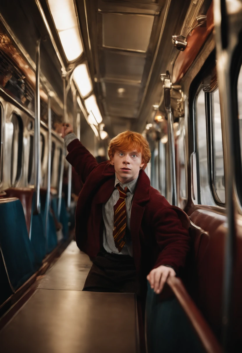 Picture of Ron" (Ron Weasley - Personagem do Harry Potter vendendo refrigerante dentro do trem, With 5 pepsi soft drinks in one hand and a full suitcase in the other with a frightened look, uma perna levantada como se estivesse caindo, enquanto esparra em alguem no trem com cara de raiva