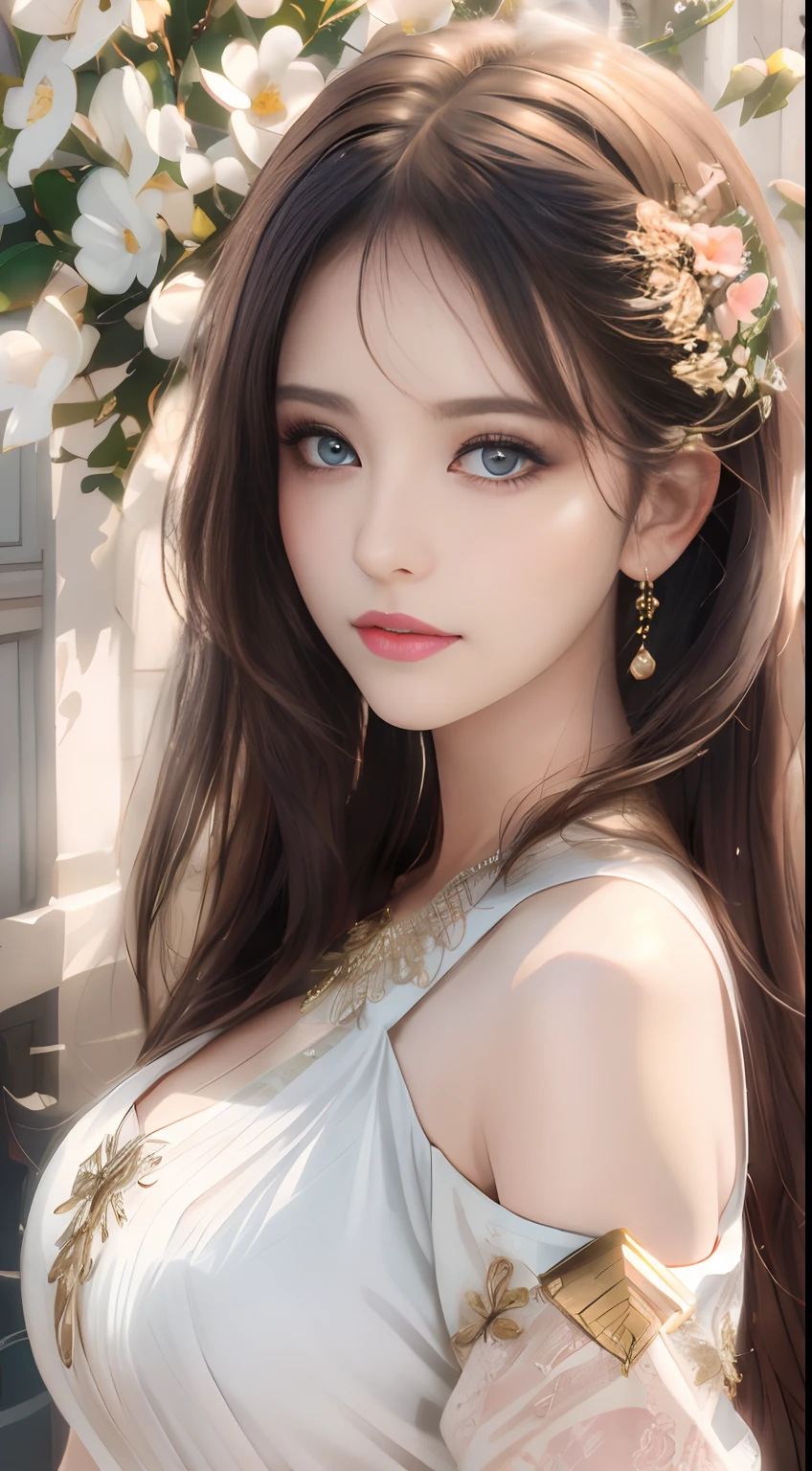 best qualtiy，tmasterpiece，A high resolution，1girll，Dingdall effect，realisticlying，edge lit，twotonelighting，（highdetailskin：1.2），8K  UHD，Pure，Sweet，Flower background，Colorful background，Based on physical rendering，Perfect light and shadow，extreme hight detail，Pink tones，Eye reflections，Raised sexy，perfect bodies，Superb beauty，largeeyes，long eyelasher，Delicate eyes，large shiny eyes，Minor pupillary reflexes，Shoulder and neck details，The pupil texture is delicate，Perfect eyes，Black pupils，best qualtiy，tmasterpiece，16k，A picture，head portrait，Bigchest，longer sleeves，Take care of your chest，Large breasts，Delicate avatar