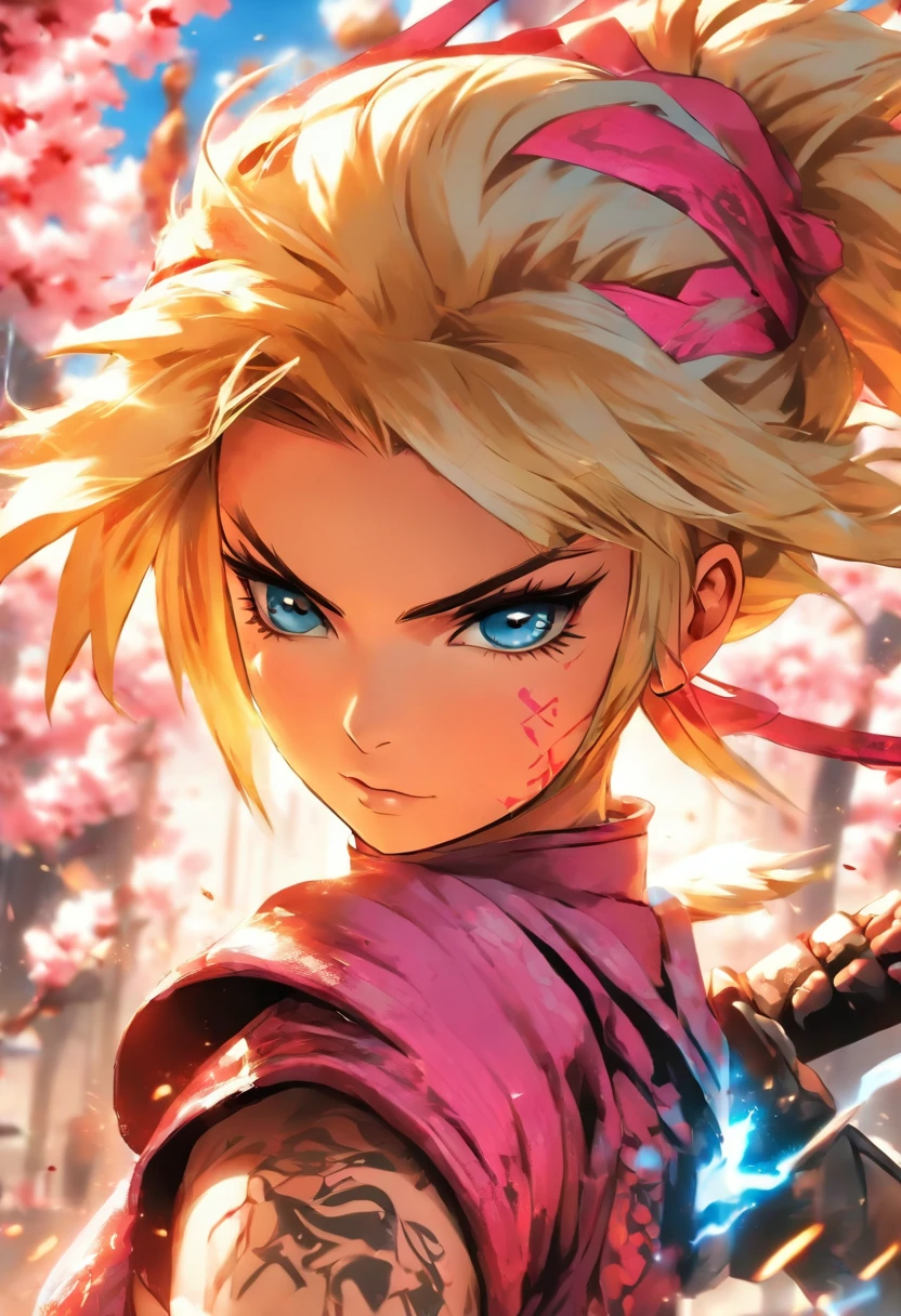 The most beautiful and sexy ninja warrior princess, blonde hair, blue eyes, wearing highly detailed pink battle armor, tons of tattoos and piercings, blood splattered, cherry blossoms blowing in the wind, highly detailed background, perfect masterpiece, high quality, high resolution