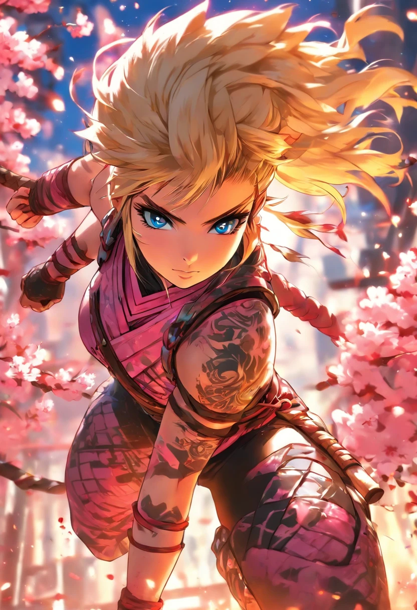 The most beautiful and sexy ninja warrior princess, blonde hair, blue eyes, wearing highly detailed pink battle armor, tons of tattoos and piercings, blood splattered, cherry blossoms blowing in the wind, highly detailed background, perfect masterpiece, high quality, high resolution