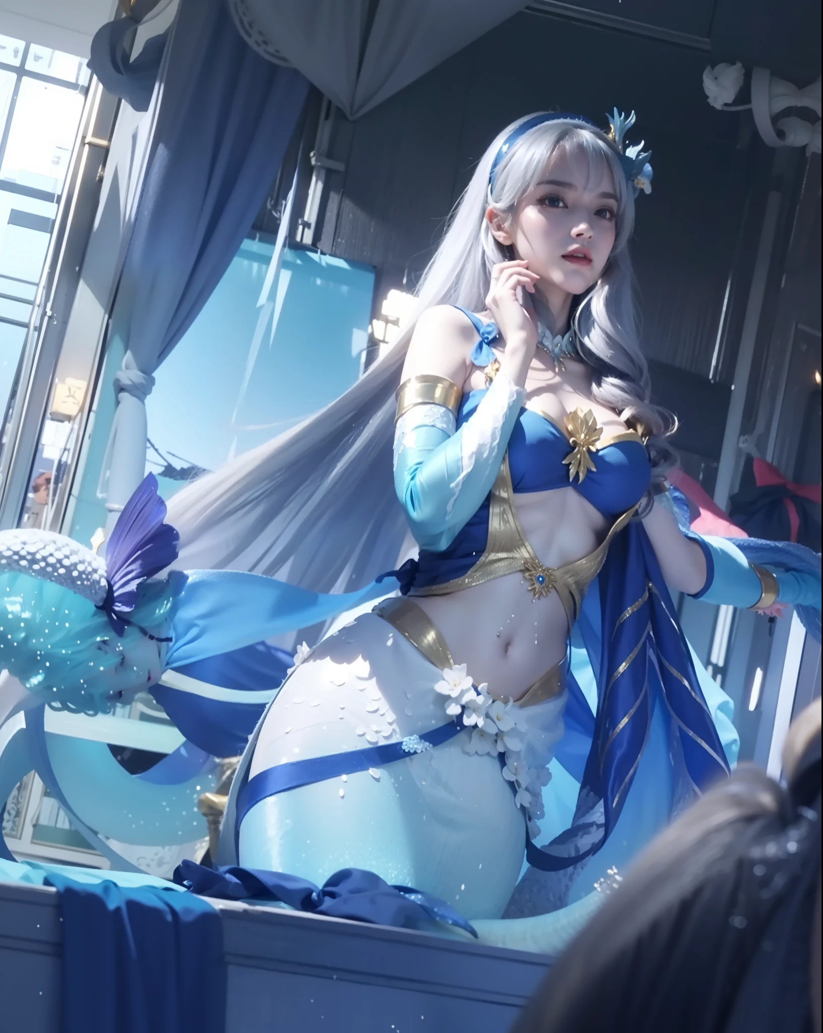 female, white long hair, glare, wearing blue navy dress elegant with gold line, the stomach is open, Mermaid horn headband, photorealistic, masterpiece