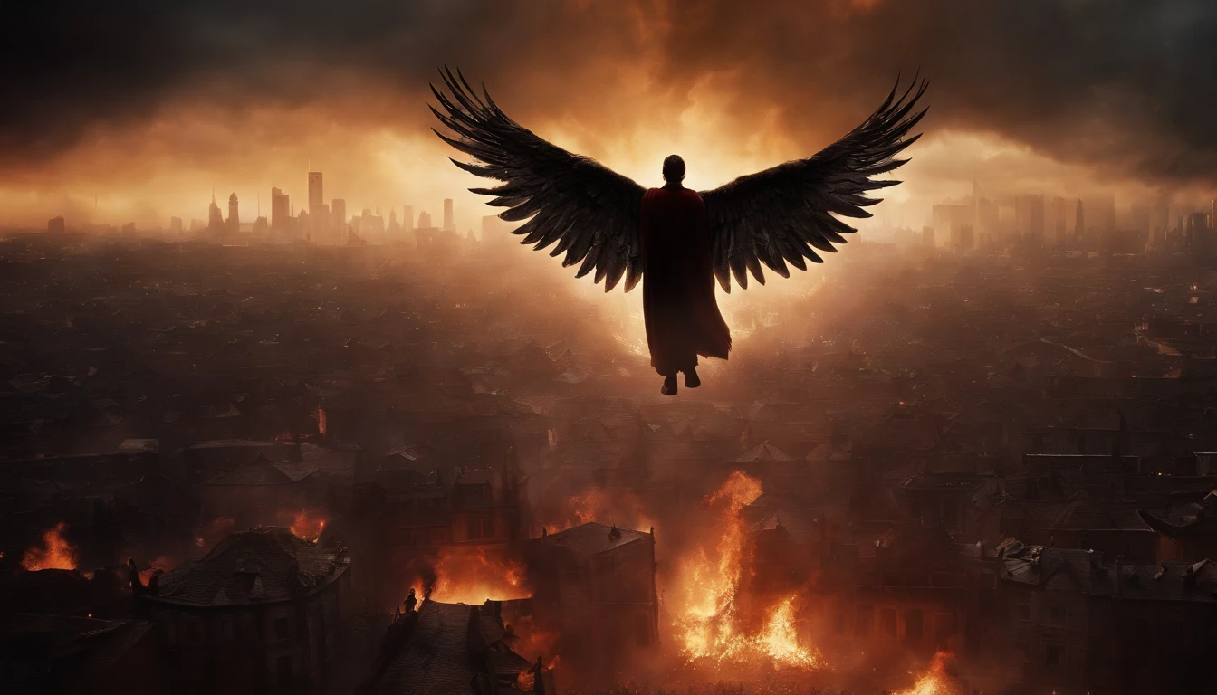 Gleaming angel hovering over a city with wings attached to his back, his wings are spread open wide, over a city amd the city is on fire, but you can see the buildings and houses and people burning down below,, and with a sword up in the midst of a great army of demons down below the on the ground on fire.