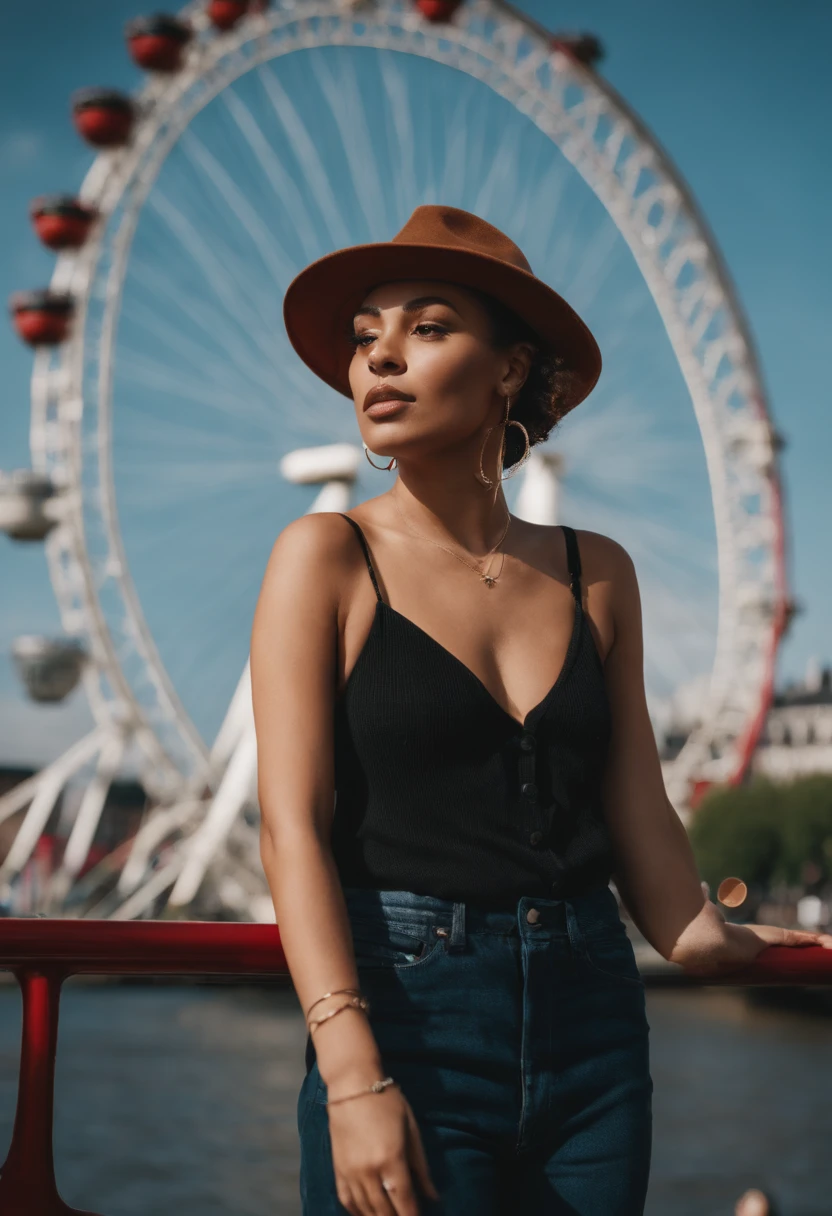 journey, in the style of rap aesthetics, girl, London, England, make for a memorable photo. The background is London Eye, a giant Ferris wheel. photo taken with fujifilm superia, charly amani, oversized portraits, babycore, upper body