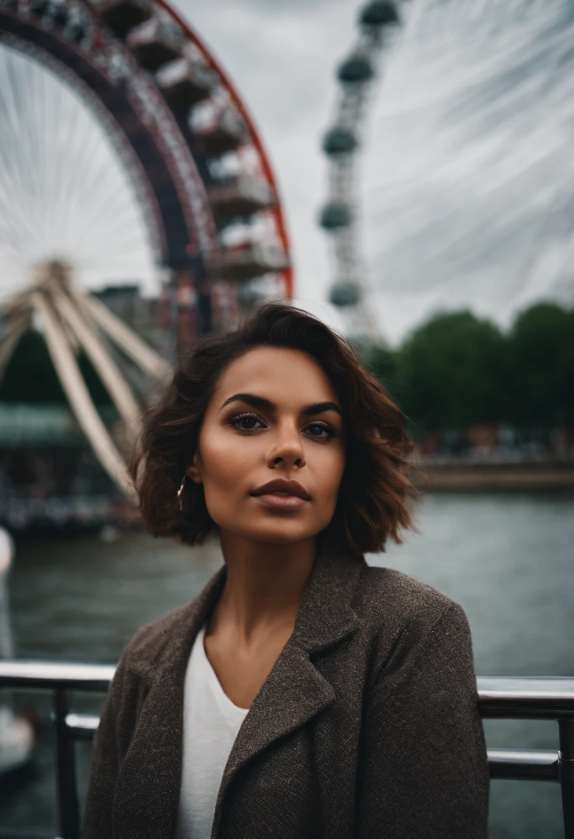 journey, in the style of rap aesthetics, girl, London, England, make for a memorable photo. The background is London Eye, a giant Ferris wheel. photo taken with fujifilm superia, charly amani, oversized portraits, babycore, upper body