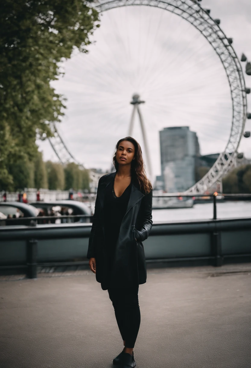 journey, in the style of rap aesthetics, girl, London, England, make for a memorable photo. The background is London Eye, a giant Ferris wheel. photo taken with fujifilm superia, charly amani, oversized portraits, babycore, upper body