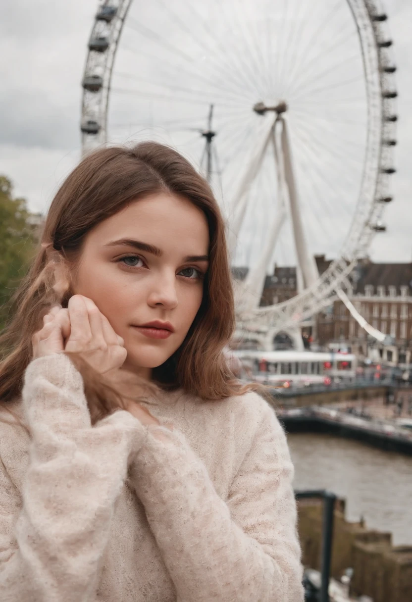 journey, in the style of rap aesthetics, girl, London, England, make for a memorable photo. The background is London Eye, a giant Ferris wheel. photo taken with fujifilm superia, charly amani, oversized portraits, babycore, upper body