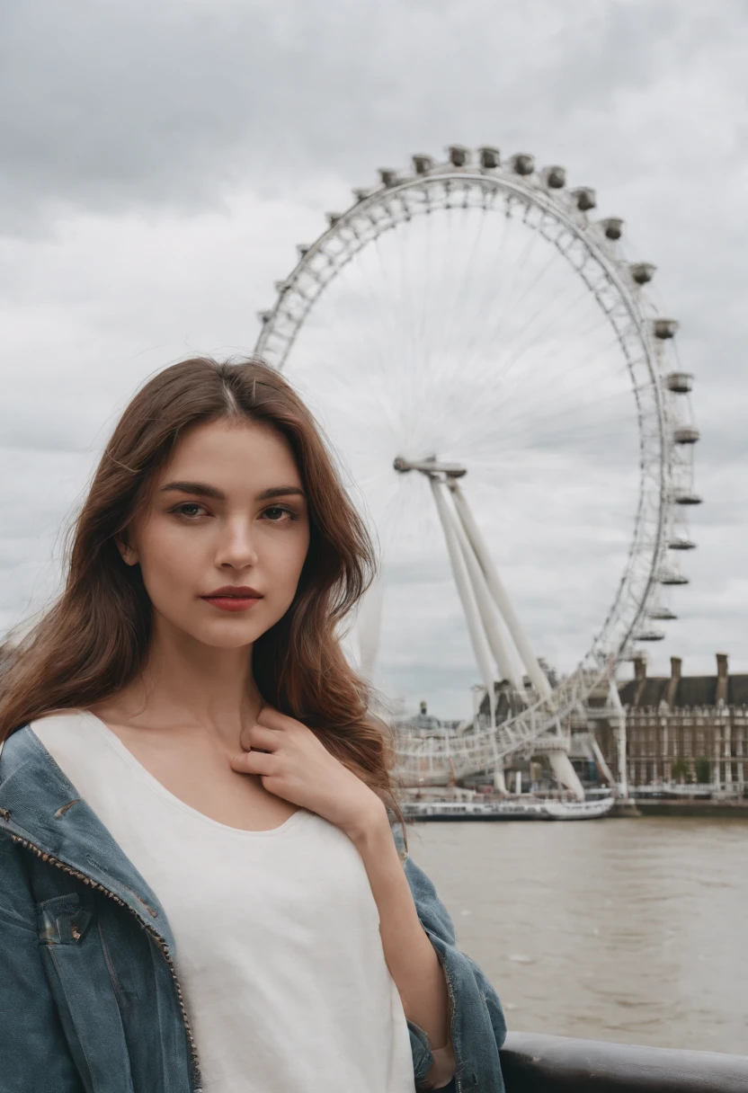 journey, in the style of rap aesthetics, girl, London, England, make for a memorable photo. The background is London Eye, a giant Ferris wheel. photo taken with fujifilm superia, charly amani, oversized portraits, babycore, upper body