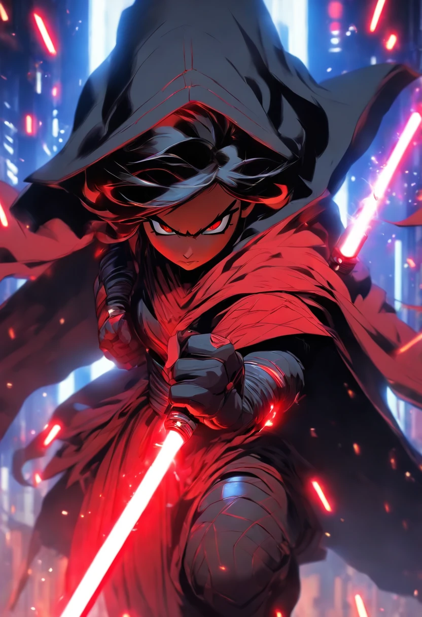 meticulously detailed anime female sith ,pixar 3d art style photograph , wearing a cloak and holding a red lightsaber in fighting stance . planet background, octane render