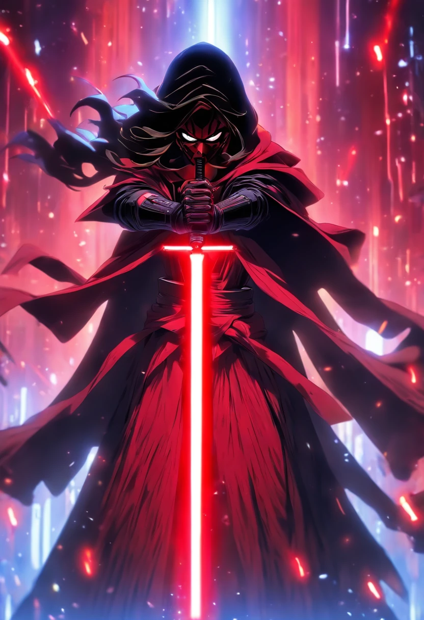 meticulously detailed anime female sith ,pixar 3d art style photograph , wearing a cloak and holding a red lightsaber in fighting stance . planet background, octane render
