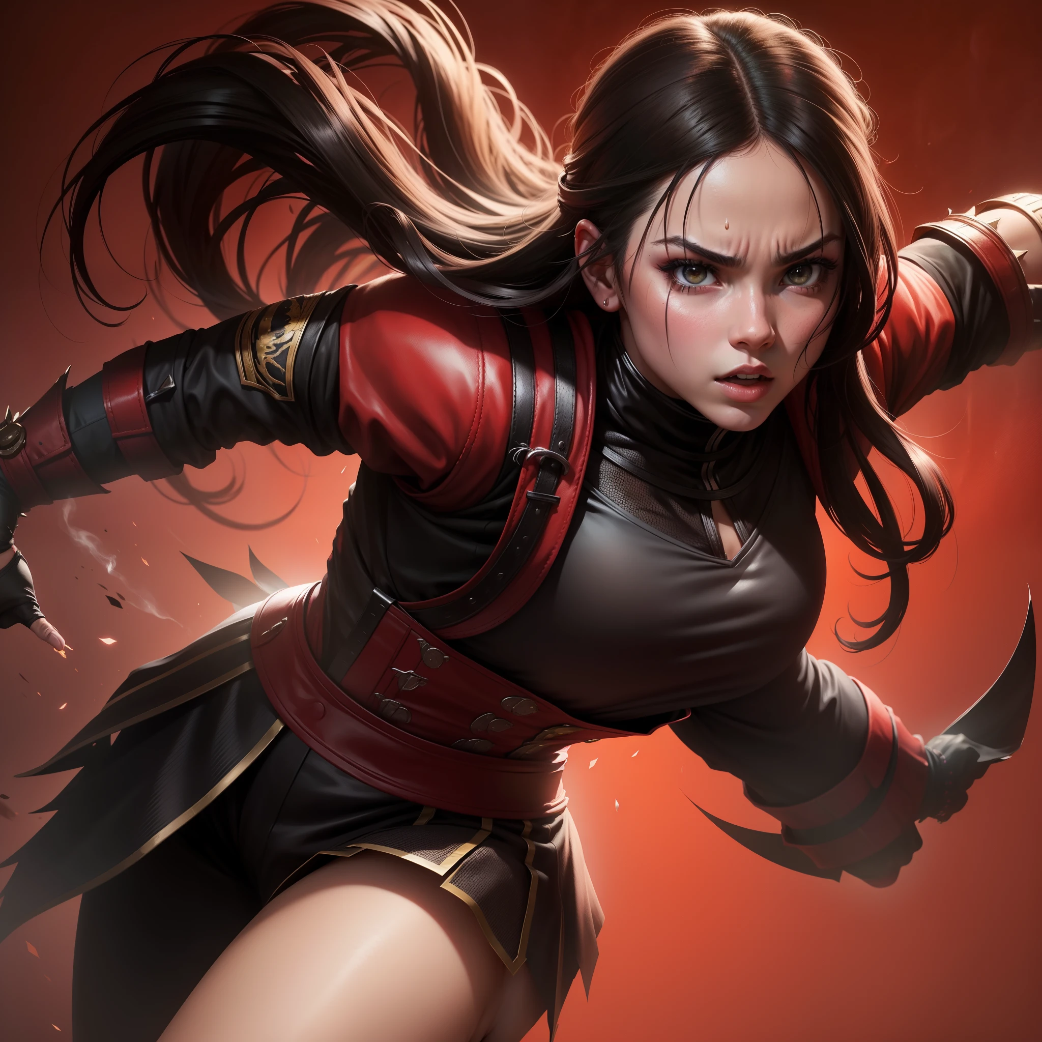 Girl full face  ready to fight, MORTAL kombat scene fighter hyper realistic Behind him is a red background of fighting