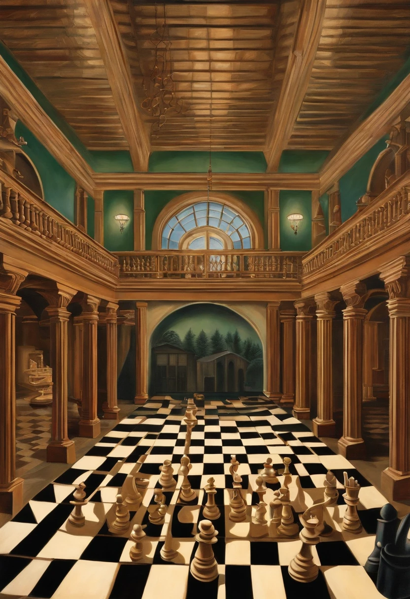 An optical illusion painting of Albert Einstein playing chess in a M.C. Escher style architectural wonderland