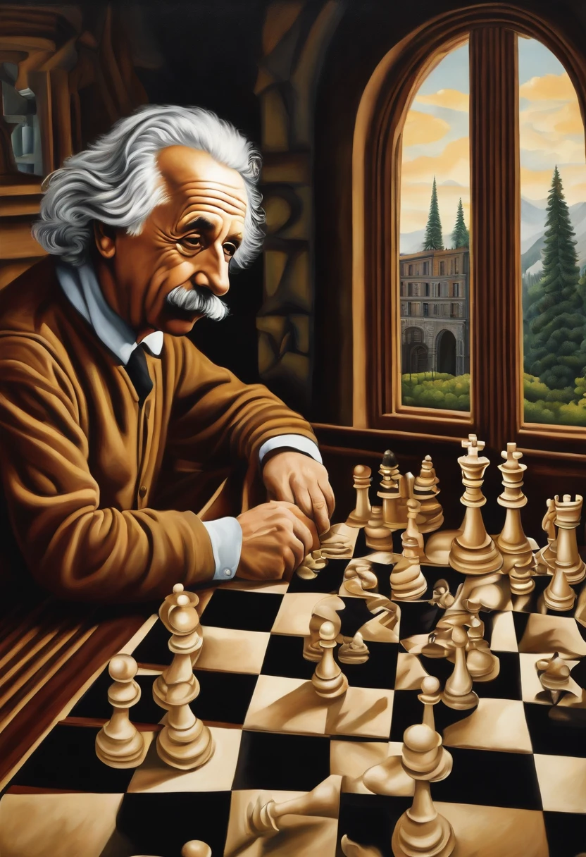 An optical illusion painting of Albert Einstein playing chess in a M.C. Escher style architectural wonderland