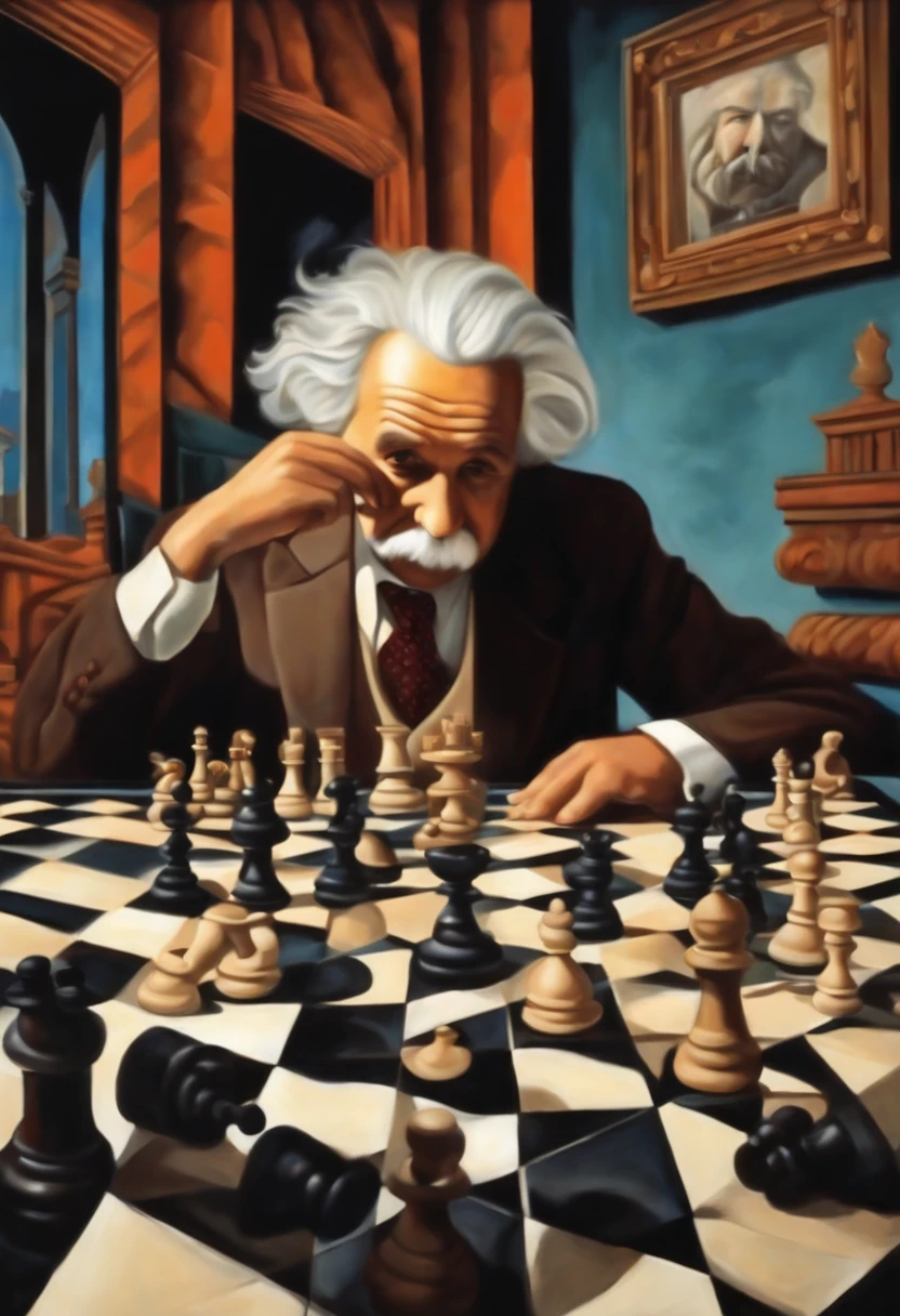 An optical illusion painting of Albert Einstein playing chess in a M.C. Escher style architectural wonderland