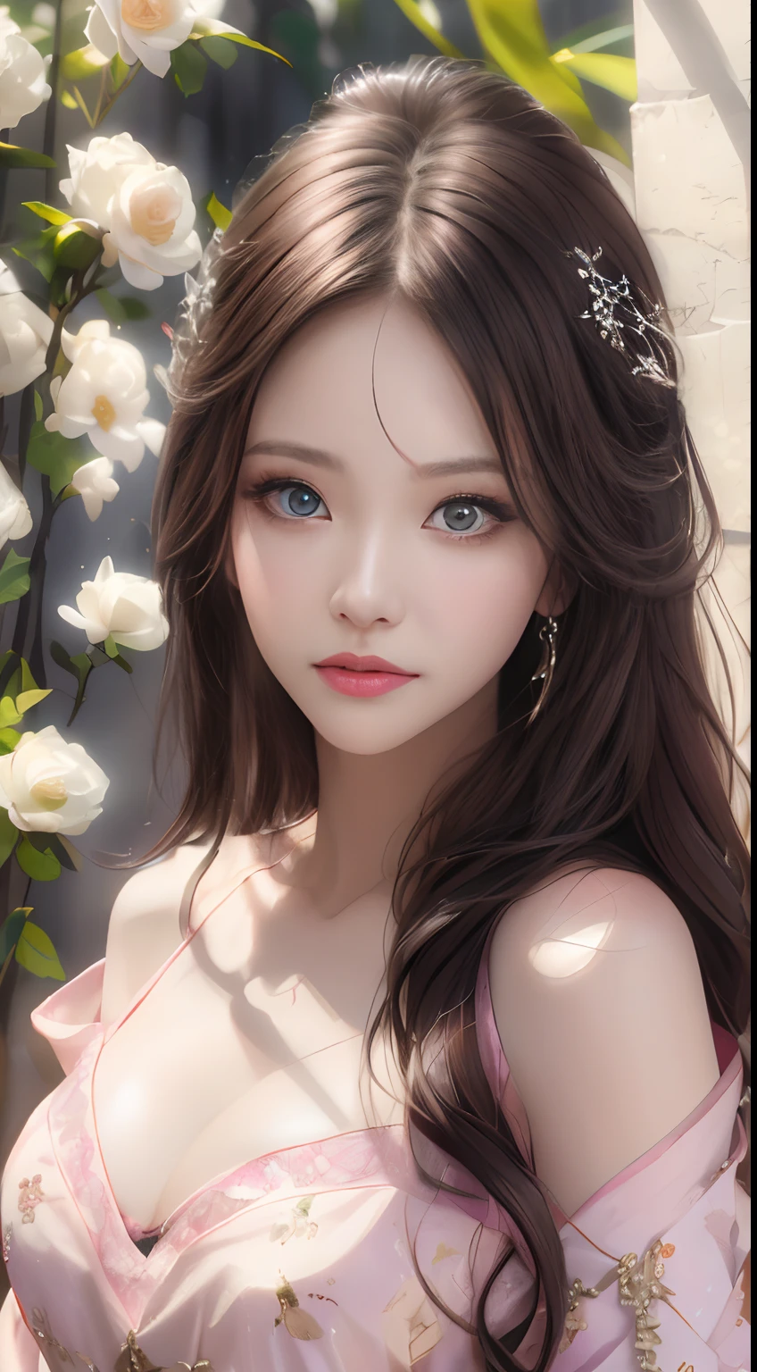 best qualtiy，tmasterpiece，A high resolution，1girll，Dingdall effect，realisticlying，edge lit，twotonelighting，（highdetailskin：1.2），8K  UHD，Pure，Sweet，Flower background，Colorful background，Based on physical rendering，Perfect light and shadow，extreme hight detail，Pink tones，Eye reflections，Raised sexy，perfect bodies，Superb beauty，largeeyes，long eyelasher，Delicate eyes，large shiny eyes，Minor pupillary reflexes，Shoulder and neck details，The pupil texture is delicate，Perfect eyes，Black pupils，best qualtiy，tmasterpiece，16k，A picture，head portrait，Bigchest，longer sleeves，Take care of your chest，Large breasts，Delicate avatar