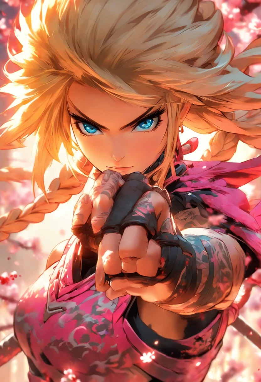 The most beautiful and sexy ninja warrior princess, blonde hair, blue eyes, wearing highly detailed pink battle armor, tons of tattoos and piercings, blood splattered, cherry blossoms blowing in the wind, highly detailed background, perfect masterpiece, high quality, high resolution