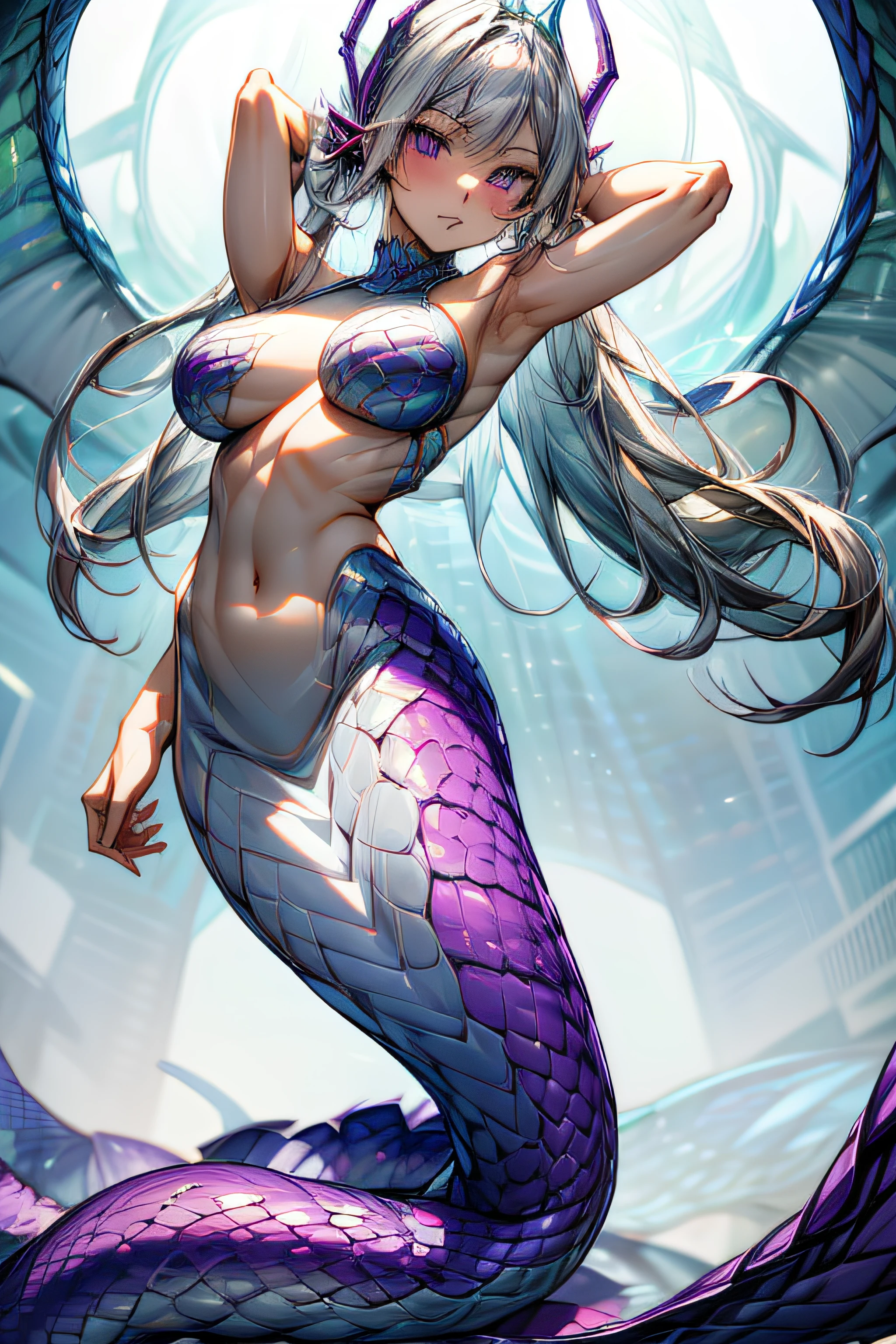 obra maestra, La mejor calidad, High resolution, 1girl, solamente, Cabello largo, virgin killer sweater, senos, Lo mismo atrae, trenza, cola, mirando al espectador, cabello azul, purple eyes, Pelo muy largo, senos grandes, Sideboob, pullover, Dragon Girl, vestido, hombros desnudos, Ropa sin espalda, sweater dress, pelo entre los ojos, Dragon Horns 1girl, solamente,