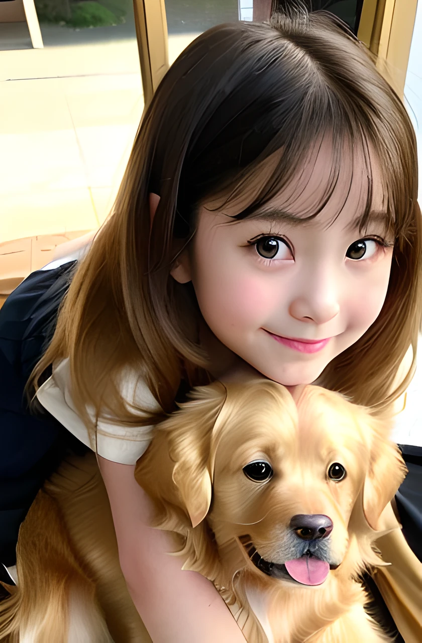 (8k, RAW photo, best quality, masterpiece:1.2), High detail RAW color photo, professional photograph,(realistic, photo realistic:1.2), ((best quality)),
 (1girl playing with 1 golden retriever:1.5), japanese girl, black hair, 10 yo, cute like a doll, extremely pretty, play together, smile, joyful,