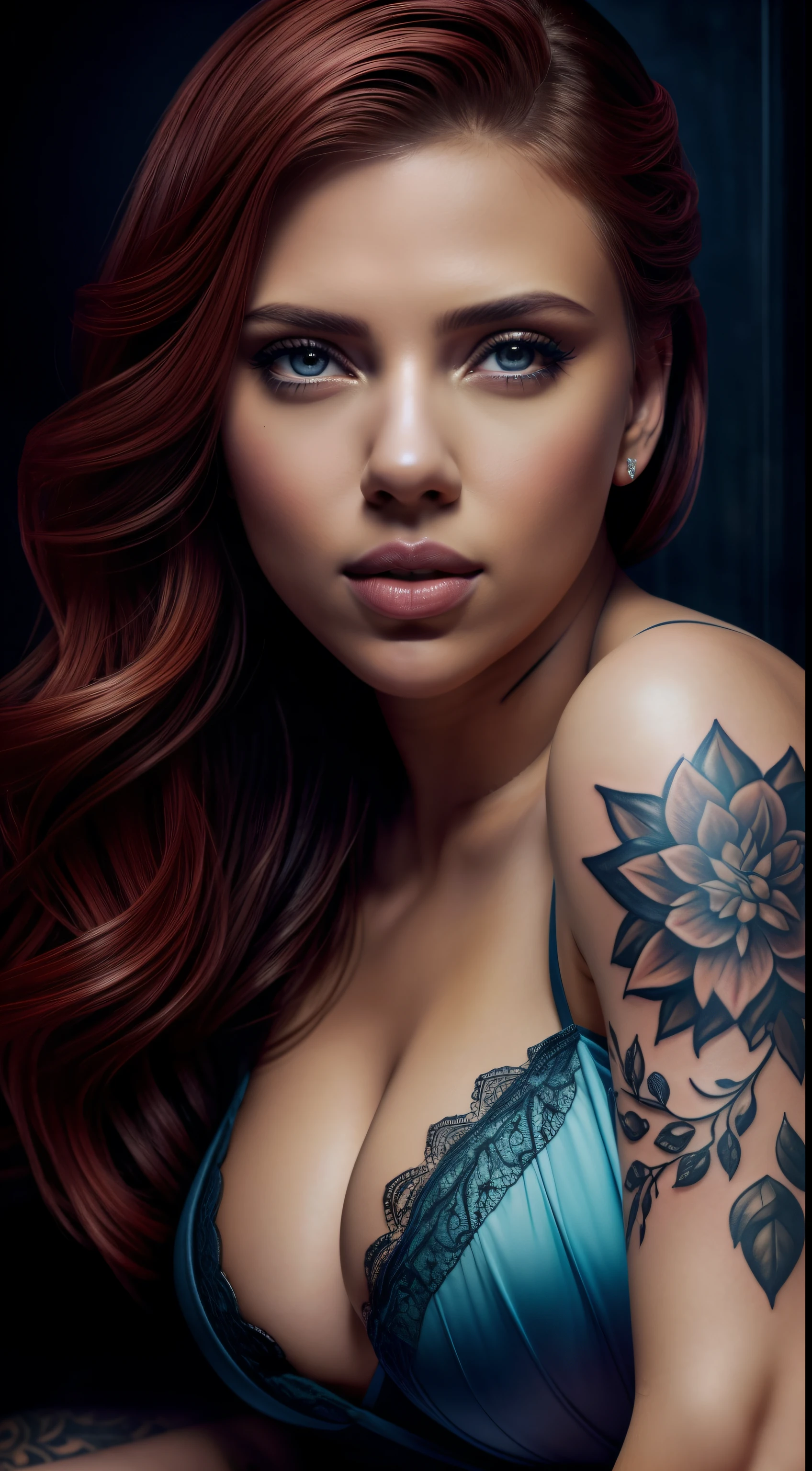 Scarlett Johansson, beautiful detailed eyes, beautiful detailed lips, extremely detailed eyes and face, long eyelashes, 2 girls, medium:oil painting, ultra-detailed, realistic:1.37, best quality, 4k, highres, masterpiece:1.2, HDR, studio lighting, extreme detail description, professional, vivid colors, bokeh, portraits, sexy, seductive, alluring, stunning, tattoos, curvy, voluptuous, sensual, confident, glamorous, fierce, stylish, fashionable, elegant, charismatic, provocative, alluring scenery, vibrant, intense, moody, romantic, color palette: rich blues and reds, soft natural lighting