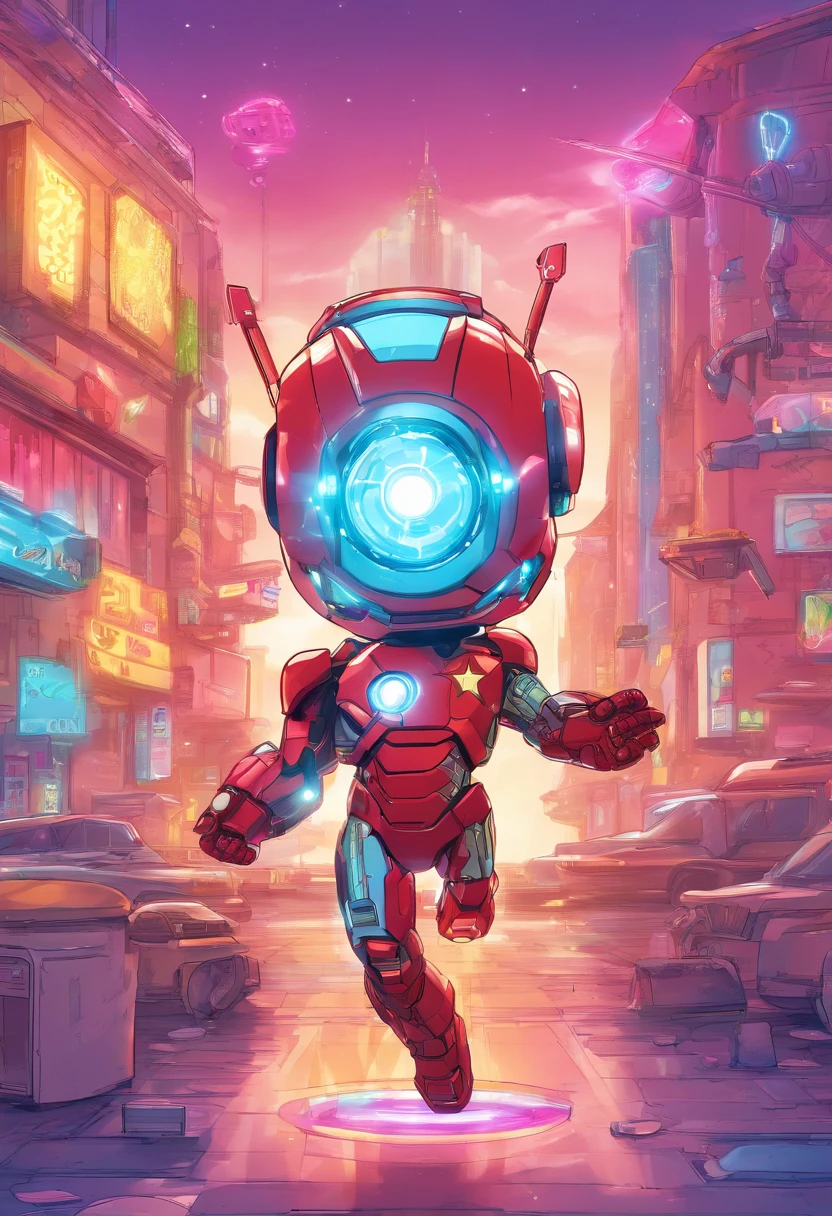 Tony Stark, Iron Man, in a futuristic sci-fi setting with neon lights illuminating the action,depth of field, Funko Pop