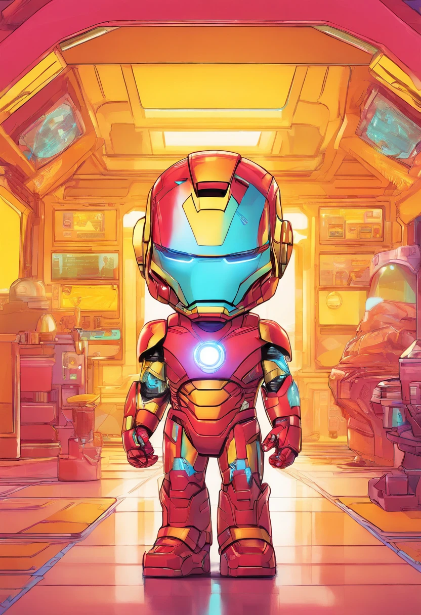 Tony Stark, Iron Man, in a futuristic sci-fi setting with neon lights illuminating the action,depth of field, Funko Pop