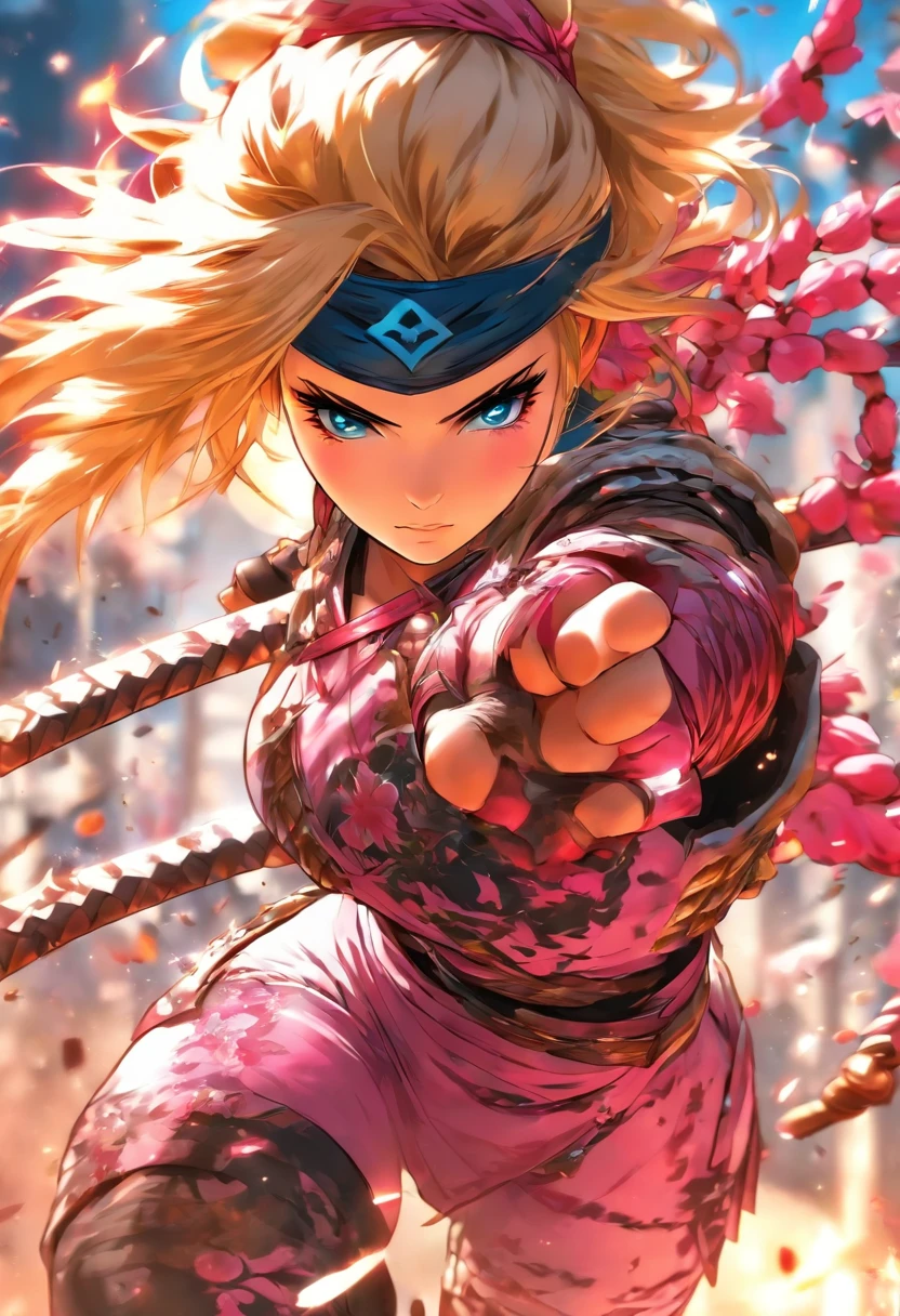 The most beautiful and sexy ninja warrior princess, blonde hair, blue eyes, wearing highly detailed pink battle armor, tons of tattoos and piercings, blood splattered, cherry blossoms blowing in the wind, highly detailed background, perfect masterpiece, high quality, high resolution