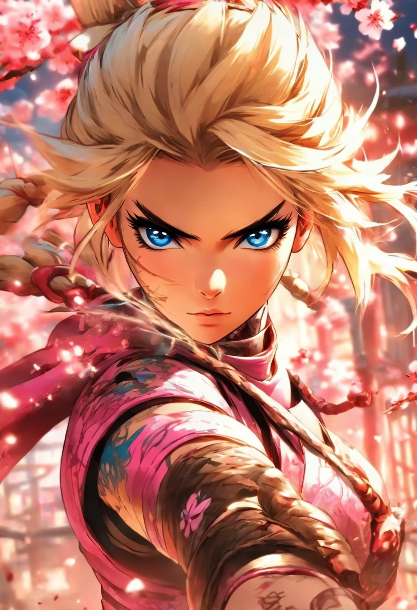 The most beautiful and sexy ninja warrior princess, blonde hair, blue eyes, wearing highly detailed pink battle armor, tons of tattoos and piercings, blood splattered, cherry blossoms blowing in the wind, highly detailed background, perfect masterpiece, high quality, high resolution