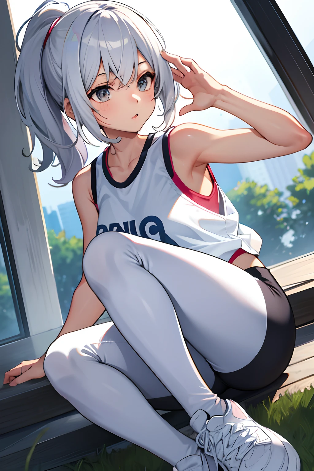 Silver Hair、Red eyes、Fox ears、girl、Small breasts、ponytail、girl、Small breasts、Bright smile、Looks about 15 years old、Petan Musume、He is short、Gym、【prompt】

break (Old style sportswear for Japanese schools:1.3), ((Soft cotton material, matte material):1.3), (Oversized soft cotton short sleeve U-neck white tunic:1.4), (Blue line on the top outline:1.3), ((Slim fit, Perfect fit) (Dark blue panties, Deep blue athletic micro shorts in soft cotton, Soft cotton dark blue bloomers):1.3), ((between legs, Upper thigh skin):1.3), (White socks:1.3), (Sneakers:1.2),