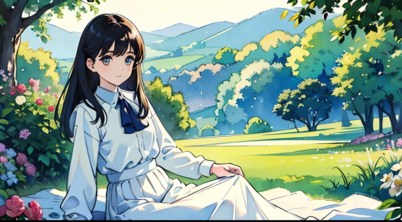 (Watercolor in Sargent style)、(top-quality、​masterpiece)、Soft light、View of the Cotswolds,Old farmhouse、rivulets、flower  field、One lady、White blouse and long skirt、picnic、