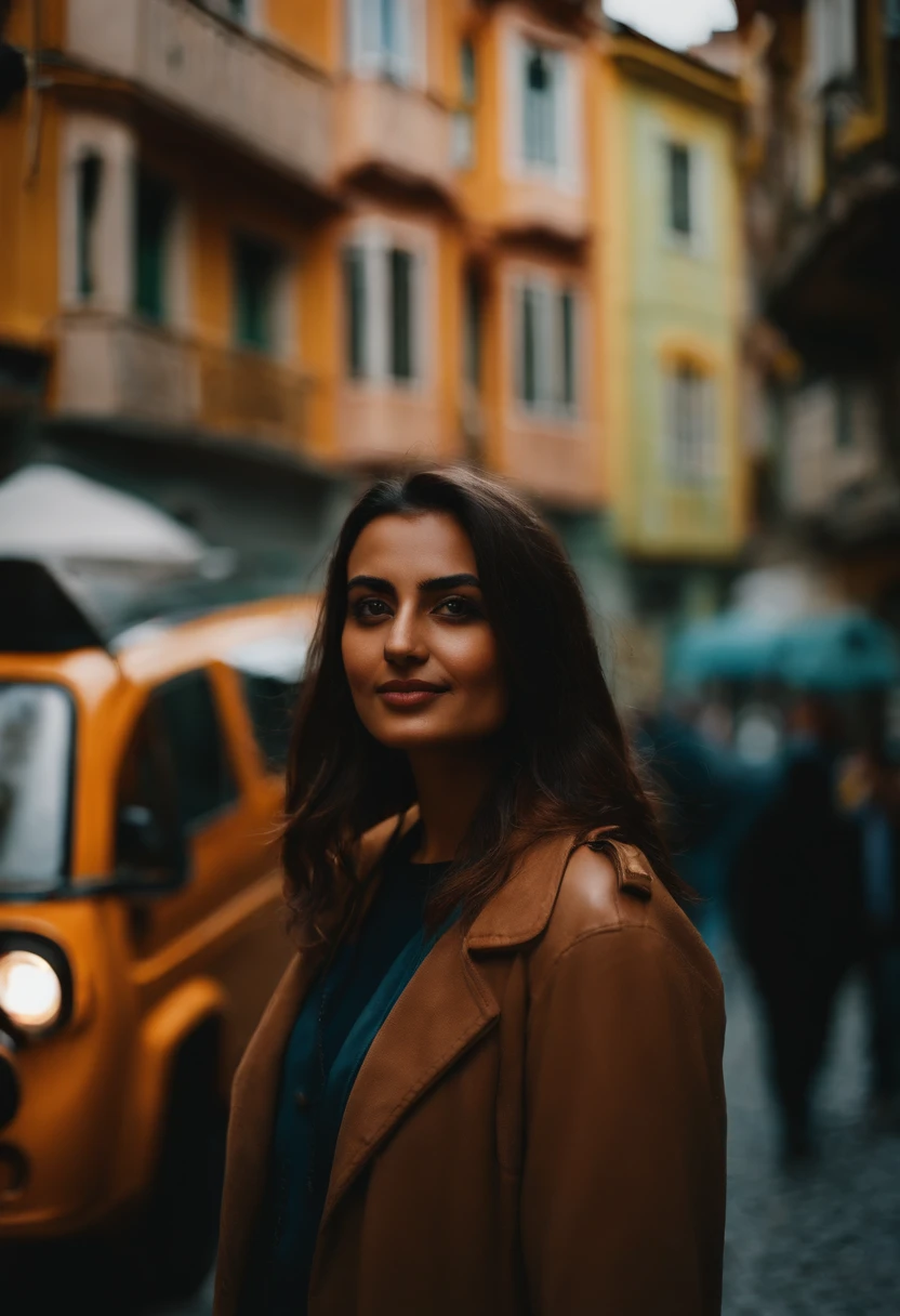 travellers, in the style of rap aesthetics, girl, Istanbul, Turkey, make for a memorable photo, The background is colourful houses in the Beyoğlu neighborhood ，photo taken with fujifilm superia, charly amani, oversized portraits, babycore, upper body