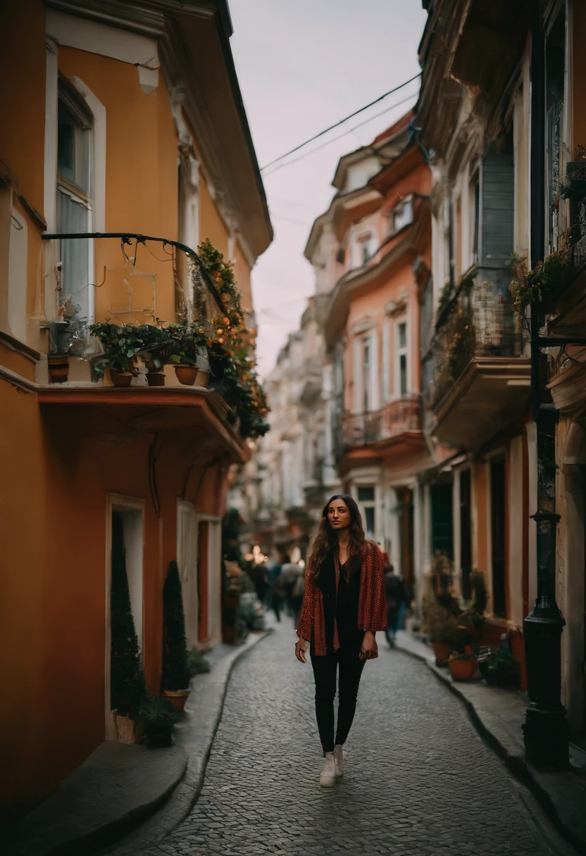 travellers, in the style of rap aesthetics, girl, Istanbul, Turkey, make for a memorable photo, The background is colourful houses in the Beyoğlu neighborhood ，photo taken with fujifilm superia, charly amani, oversized portraits, babycore, upper body