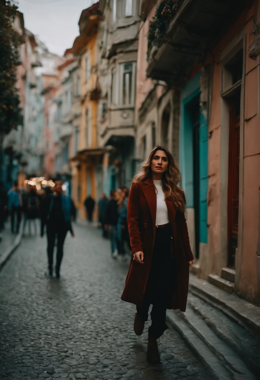 travellers, in the style of rap aesthetics, girl, Istanbul, Turkey, make for a memorable photo, The background is colourful houses in the Beyoğlu neighborhood ，photo taken with fujifilm superia, charly amani, oversized portraits, babycore, upper body
