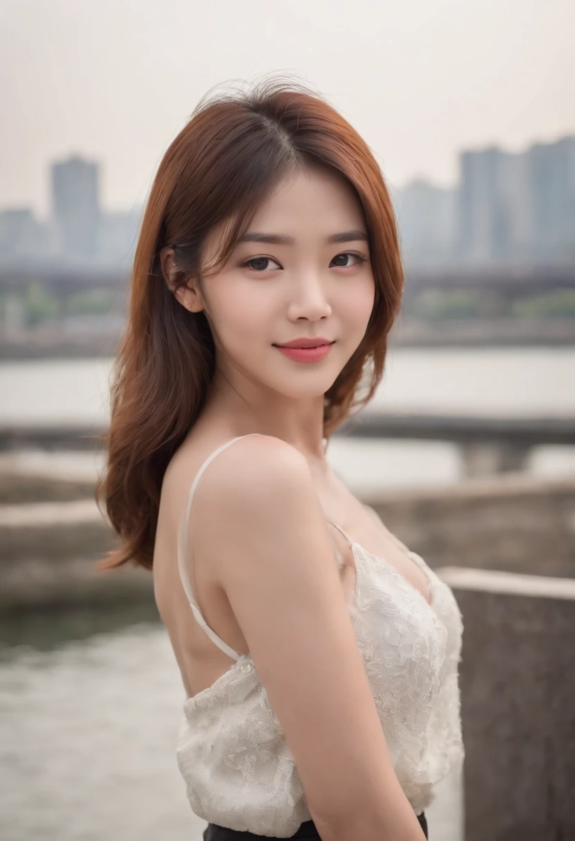(beautiful face),25-year-old Japanese woman,Short,Qi bangs,White thin strap top,Bigboobs,乳溝,On the street next to the Han River in Seoul,Crowd,black short skirt,sandal,Black tights,ssmile,(best quality), (masterpiece),(Realistic hair strands),(Soft focus background), (highres),(RAW photo), original, extremely detailed 8K wallpaper, (an extremely delicate)