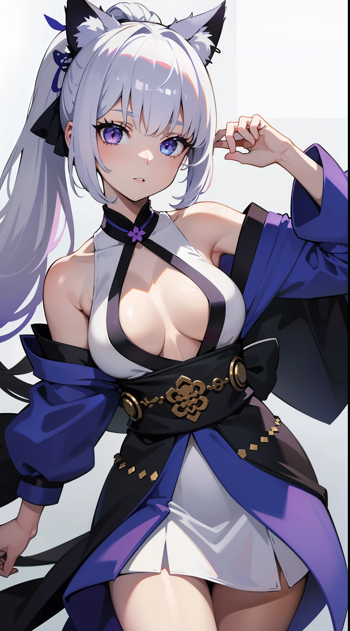 young girl, white colored hair, Cat's ears, high ponytail, Heterochromia, blue and purple eyes, Blue kimono, tattoo, Sleeveless, Deep neckline on the chest, open breasts, open shoulders, Masterpiece, hiquality, high detail, HD, 4k