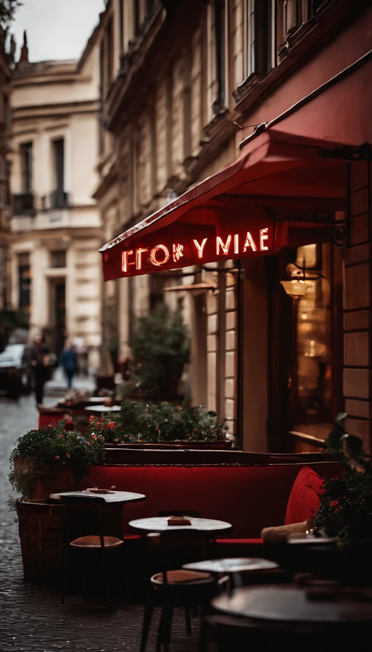 a cafe with a terrace and a sign that says “JAIME” in red letters