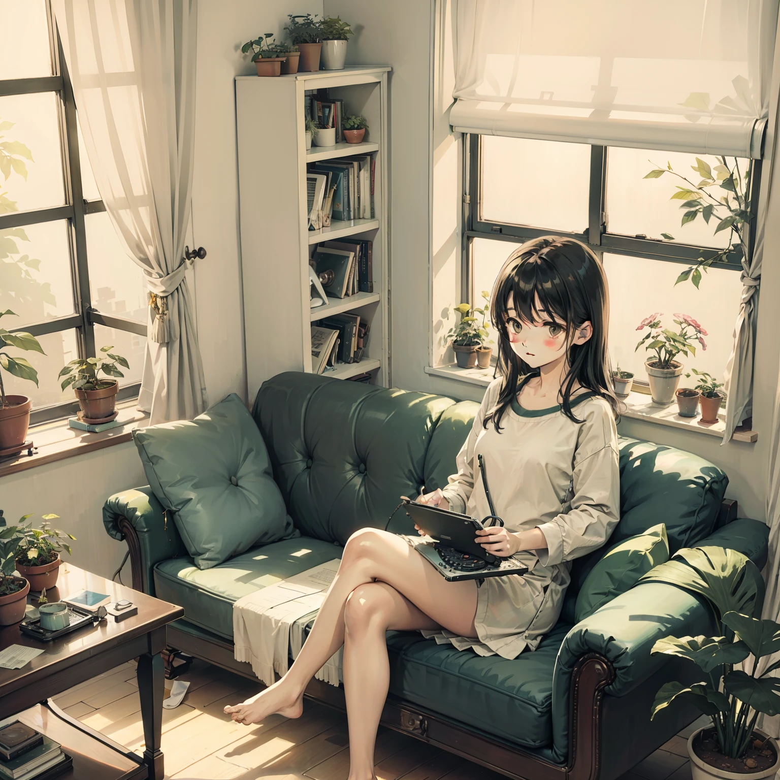 Living room, sofe, window, Curtains, Dappled sunlight, potted plant, Table, locker,bookshelf, Paper, table light, typewriter, Girl sitting on sofa