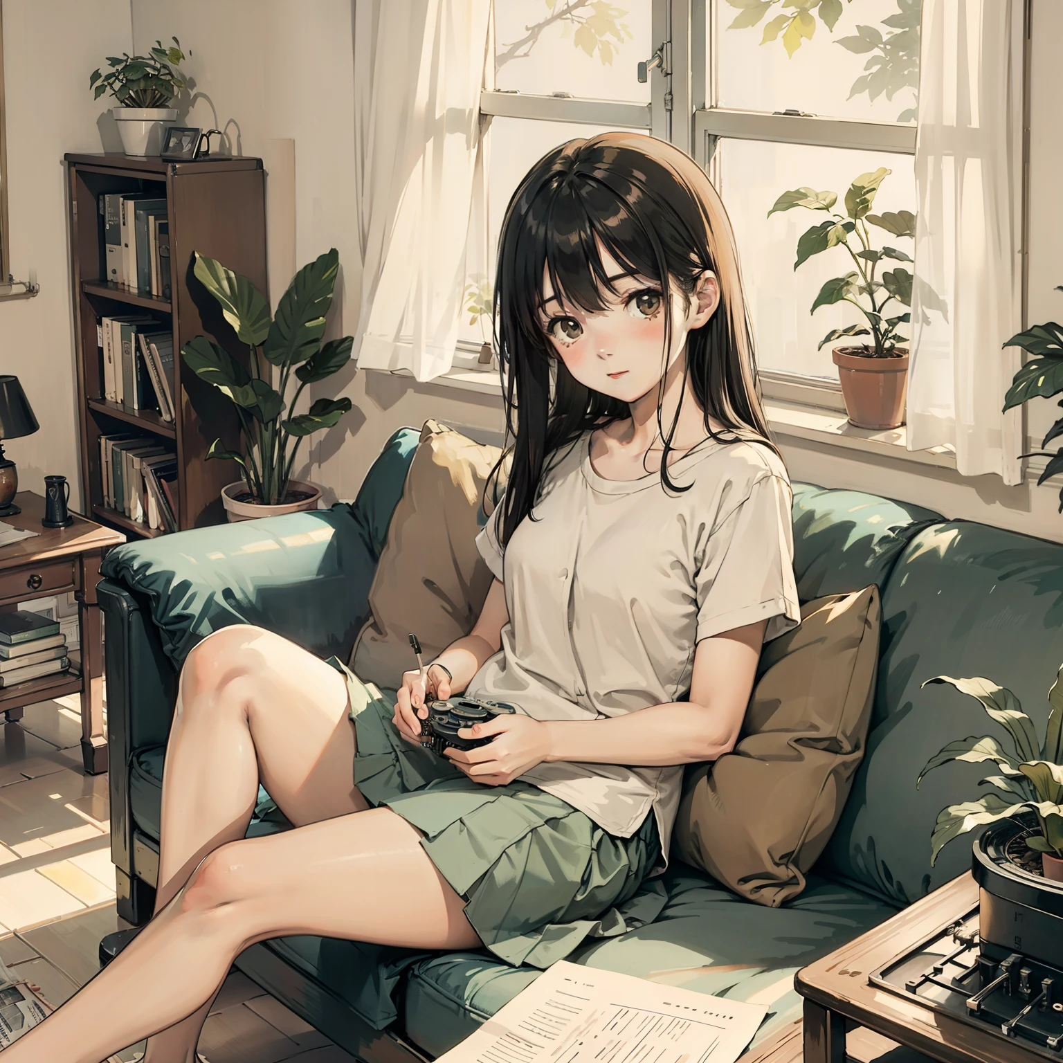 Living room, sofe, window, Curtains, Dappled sunlight, potted plant, Table, locker,bookshelf, Paper, table light, typewriter, Girl sitting on sofa