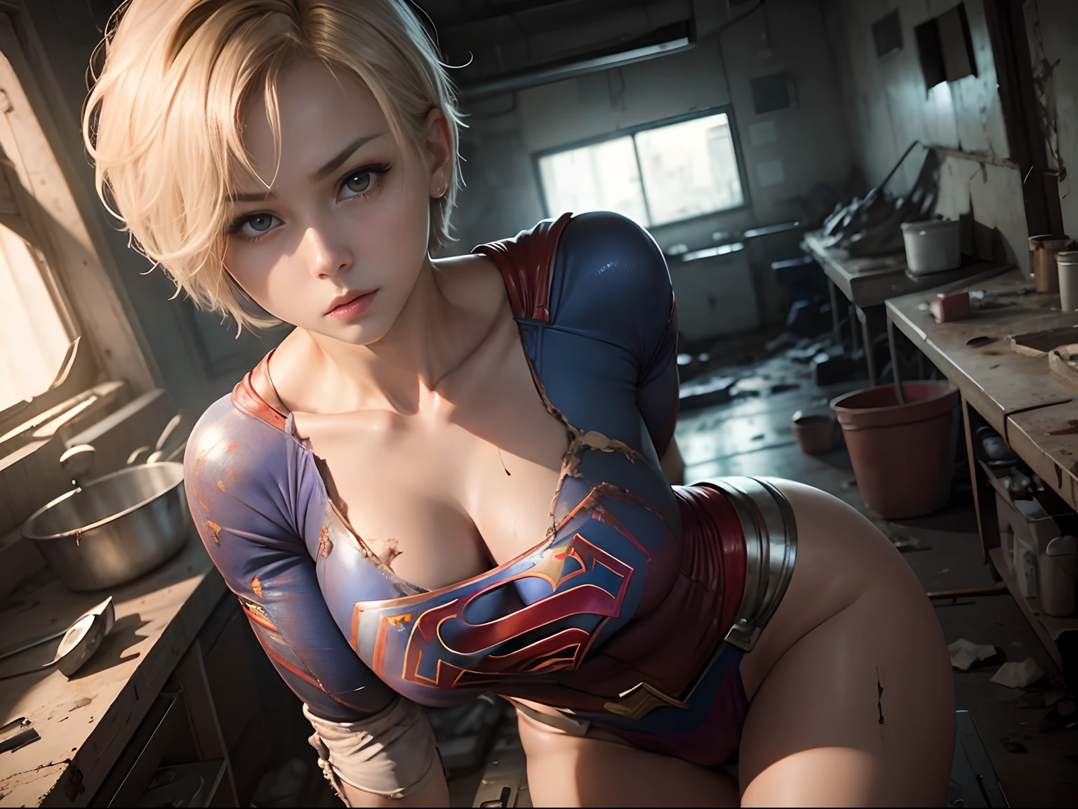 masterpiece、Short-haired Supergirl leaning on operating table in abandoned operating room、large full breasts、Looking at the camera、Glossy costume、Tattered costume、wounded、Full of scratches、