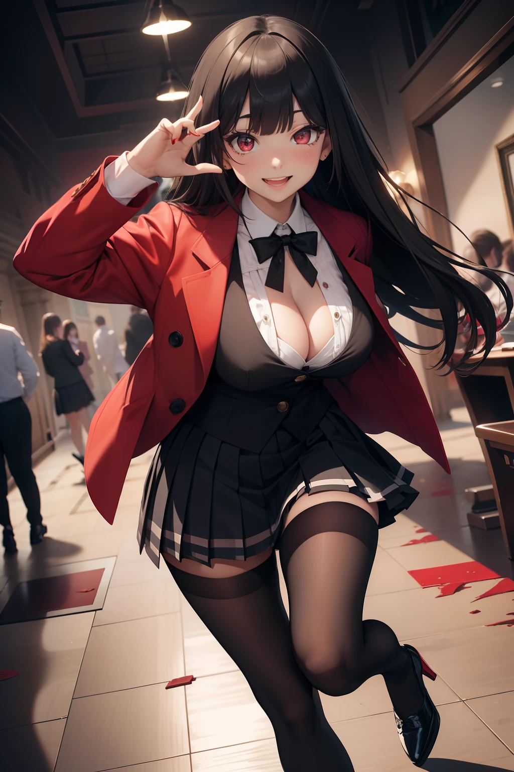 (masterpiece, best quality, ultra-detailed, 8k, wallpaper, photorealistic), (wide shot, full body), beautiful girl, voluptuous body, perfect hands, (hmjy1), (exposed cleavage), long hair, (blunt bangs), red eyes, school uniform, red jacket, black pantyhose, white shirt, black ribbon, (a black and grey checkered mini skirt, pleated skirt), long sleeves, psycho smile, excited smile, open mouth, erotic face, red face, outstretched arm, bloodthirsty smile, (background: casino)