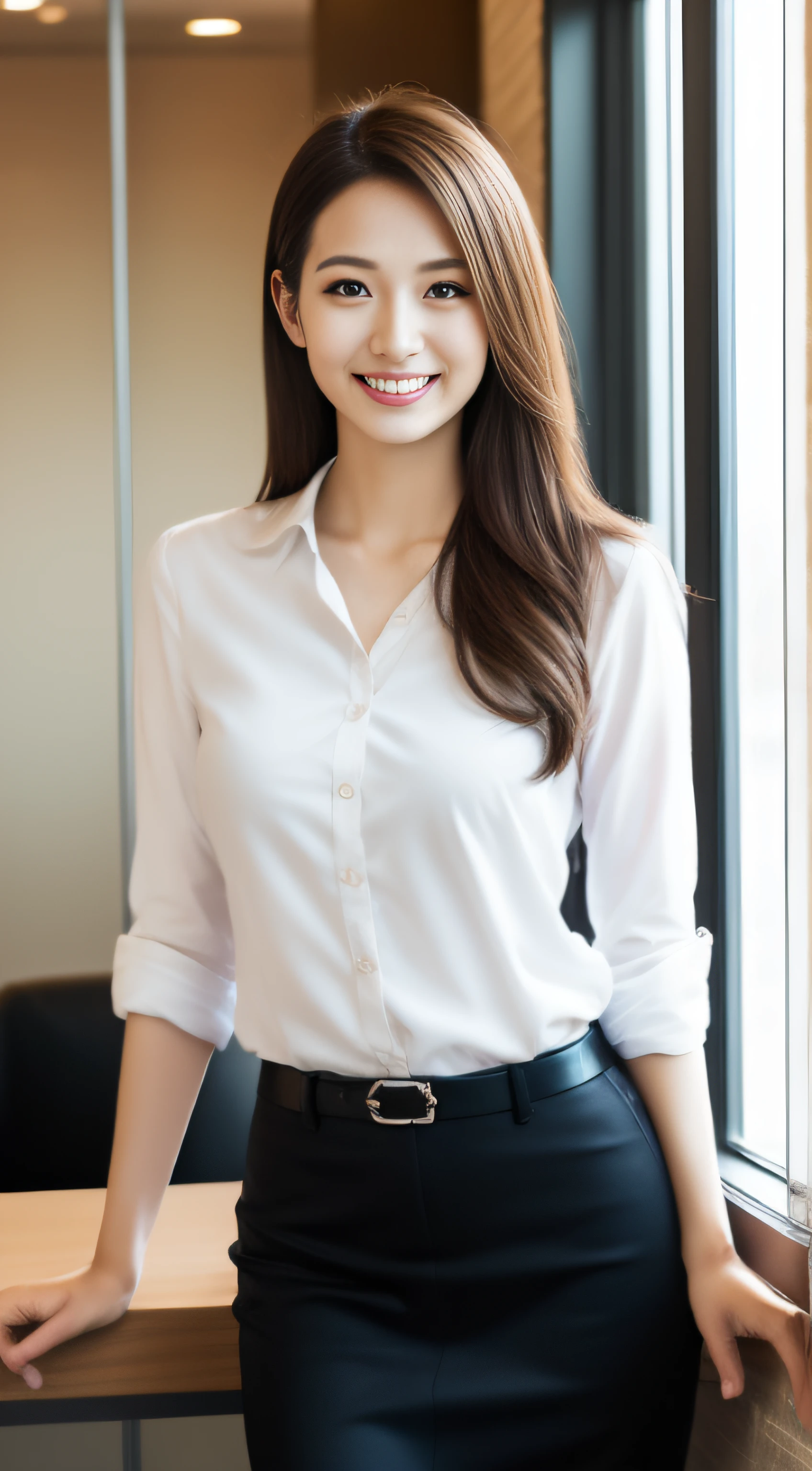 Receptionist、business sui、Company lobby、by the window、hiquality、A hyper-realistic、healthy、Smiling expression、Slender perfect figure、Japan beauties、beautidful eyes、face perfect、Beautiful skin