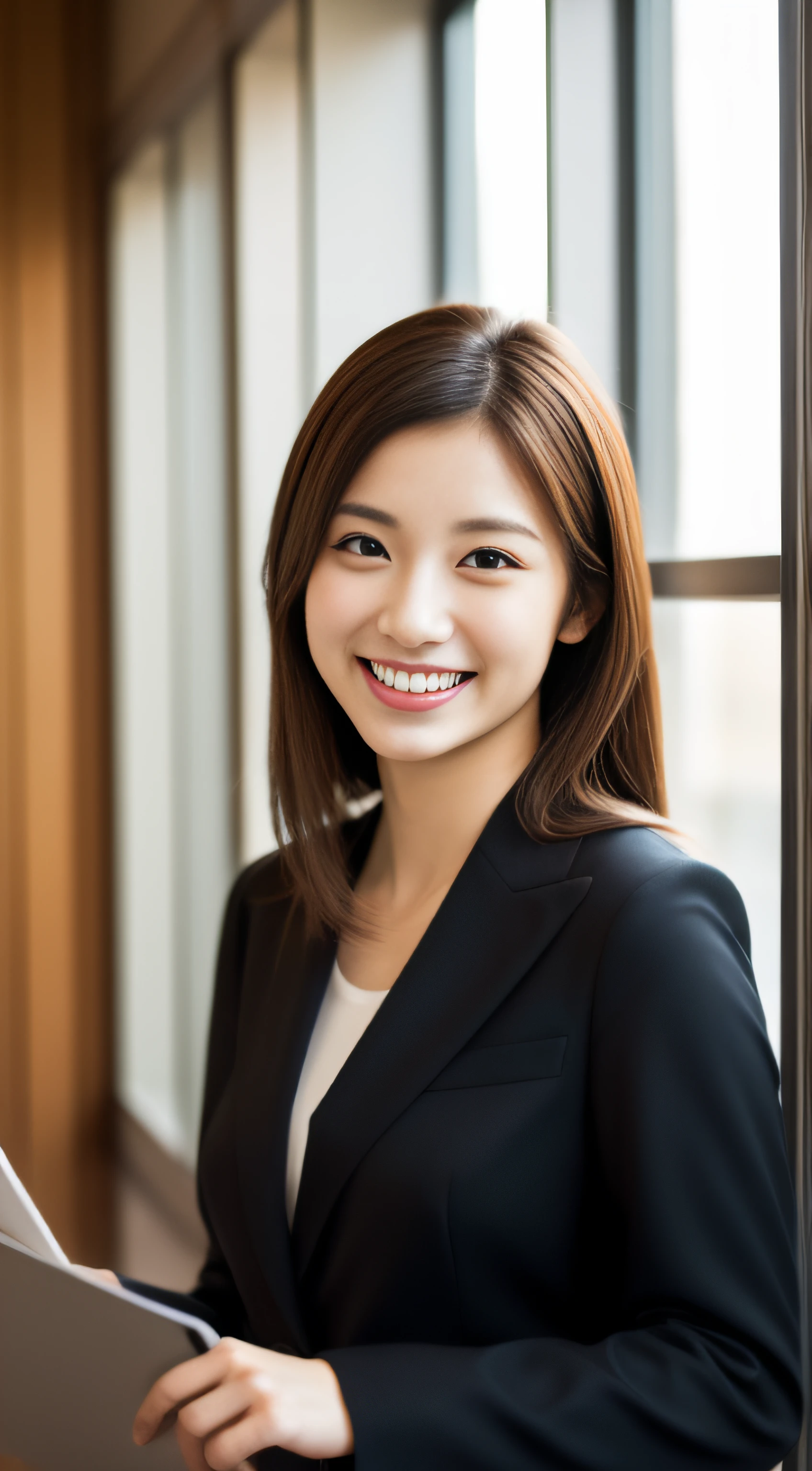 Receptionist、business sui、Company lobby、by the window、hiquality、A hyper-realistic、healthy、Smiling expression、Slender perfect figure、Japan beauties、beautidful eyes、face perfect、Beautiful skin