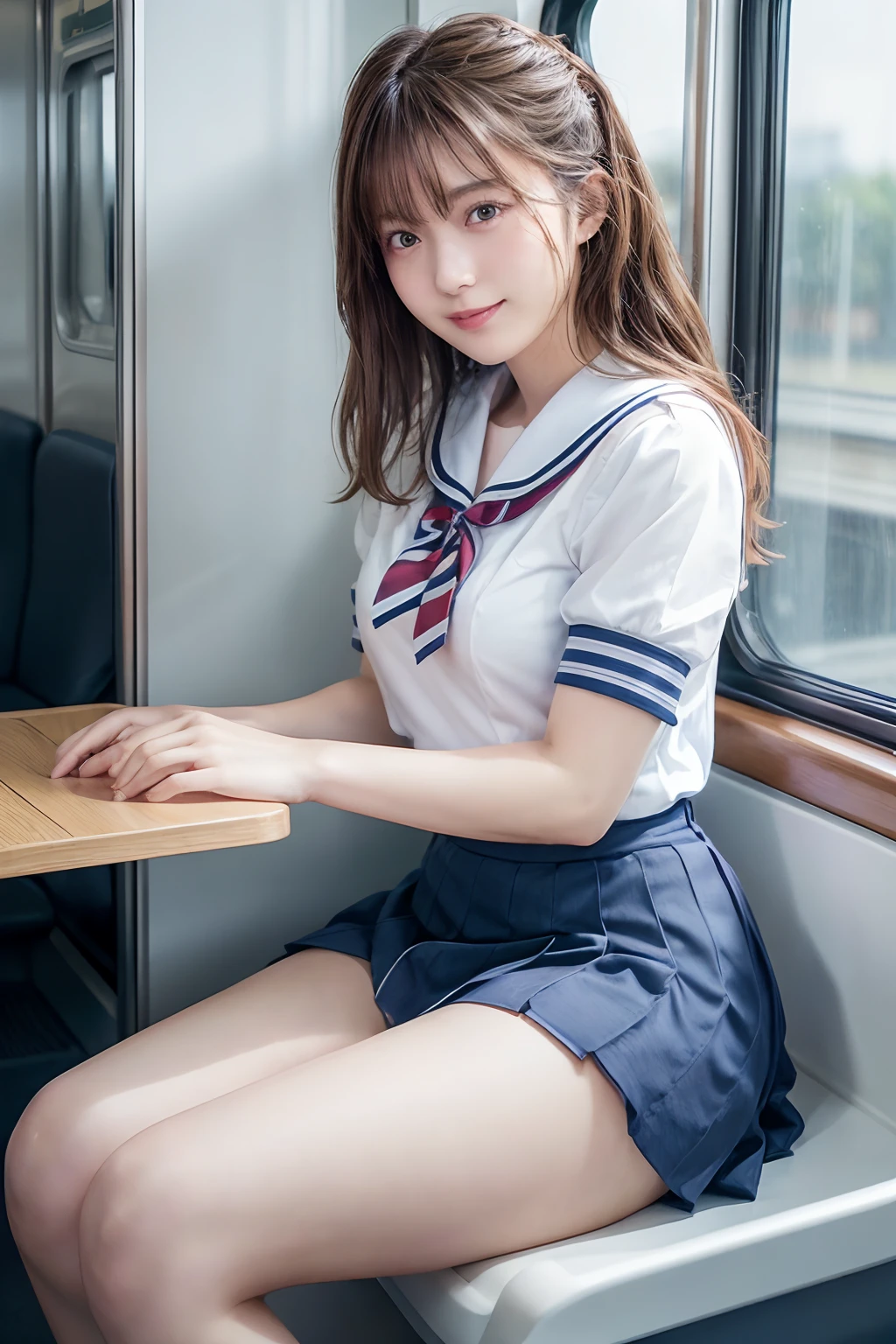 top-quality,ultra-detailliert,masterpiece,realisitic,Photo Real,Bright lighting,1 girl in, an extremely beautiful 17-year-old girl, (kawaii:1.2),Thin smile, (Brown eyes),(brown haired),(bangss),perfect glossy skin,flawless skin,((erotick,Sexy and sexually explicit)),((accurate hands without incongruity)), large full breasts,big breasts thin waist, Look at viewers,((a sailor suit)),((Short sleeve uniform white shirt)),(red necktie),(Blue Mini Pleated Skirt),(((skirt lift by yourself))),(lifted by self),(Showing panties),panties on,panties focus,((Sit up,spread legswide)), sockes, (Black knee socks),(Loafer shoes), during daytime,On the train,Horizontal long seat with your back to the window