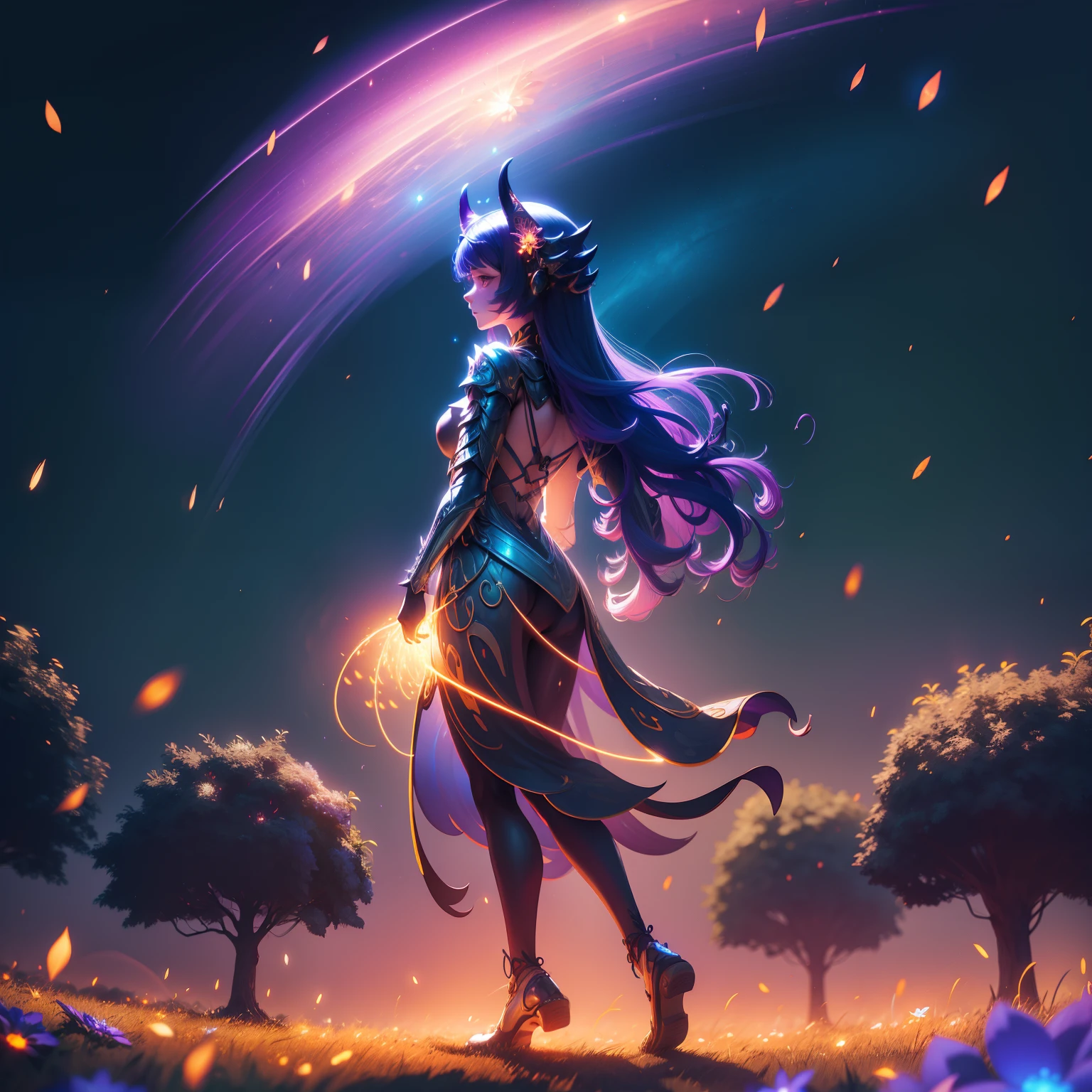 women with small horns coated with a metal slime, standing in a field surrounded by a swarm of glowing fireflies, long hair, wavy dress, high quality, 4k, highly detailed, lone figure, full body, colorful flowers, Grace weaving on the wind, evening giving way to night, orange skyline, beautiful, stunning, triumphant pose, neutral expression, frills, glowing purple