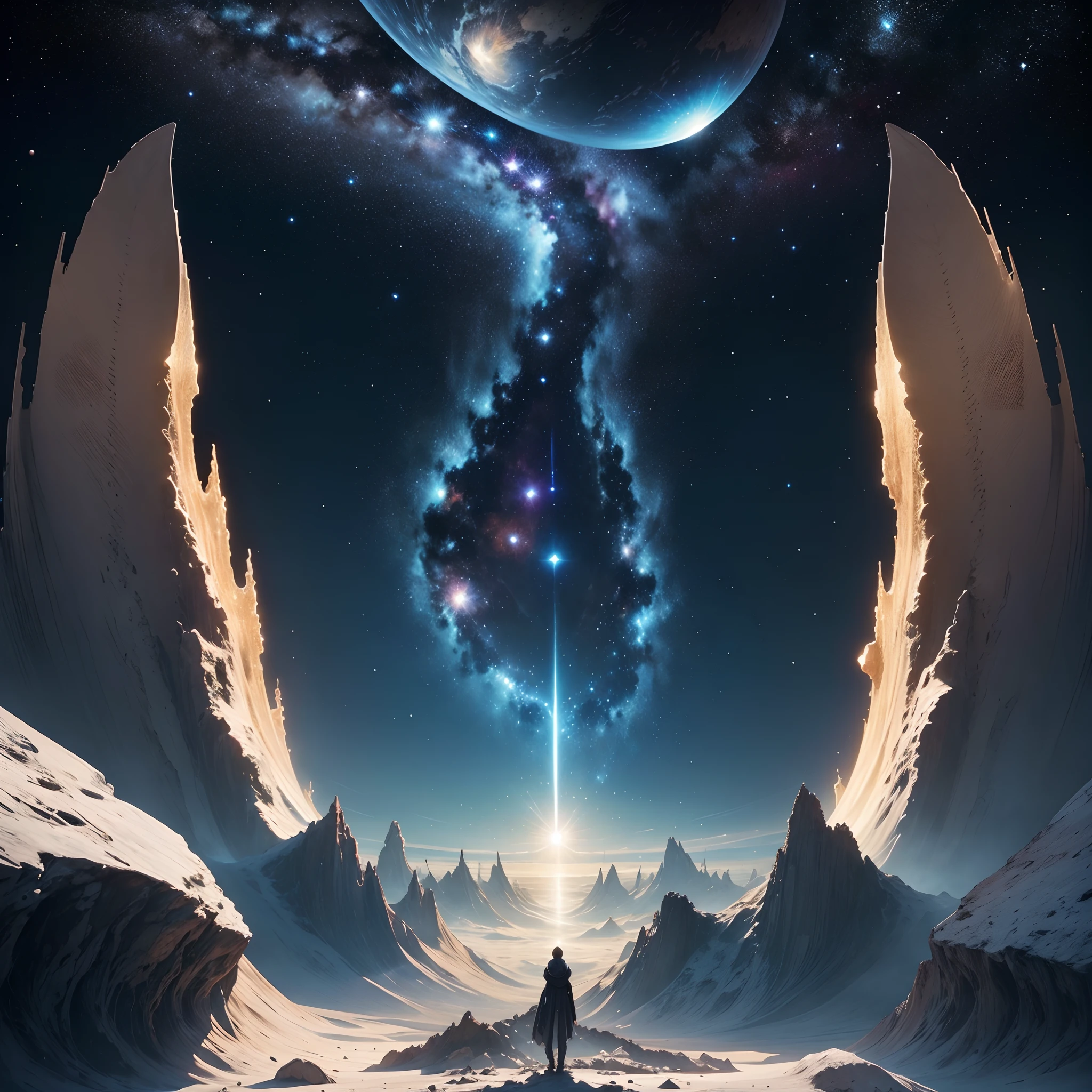 ((Masterpiece)),(Best quality)),Magnificent space image scene,heavenly body,Interstellar,((Huge star gates)),black hole,(((Huge starship))),Spaceship,Shining starry sky,8K,super-fine,high qulity, (masterpiece, best quality, high resolution) "Cosmic Horror": A breathtaking view of space reveals a distorted galaxy teeming with strange life forms and entities that defy human understanding, V0id3nergy night sky