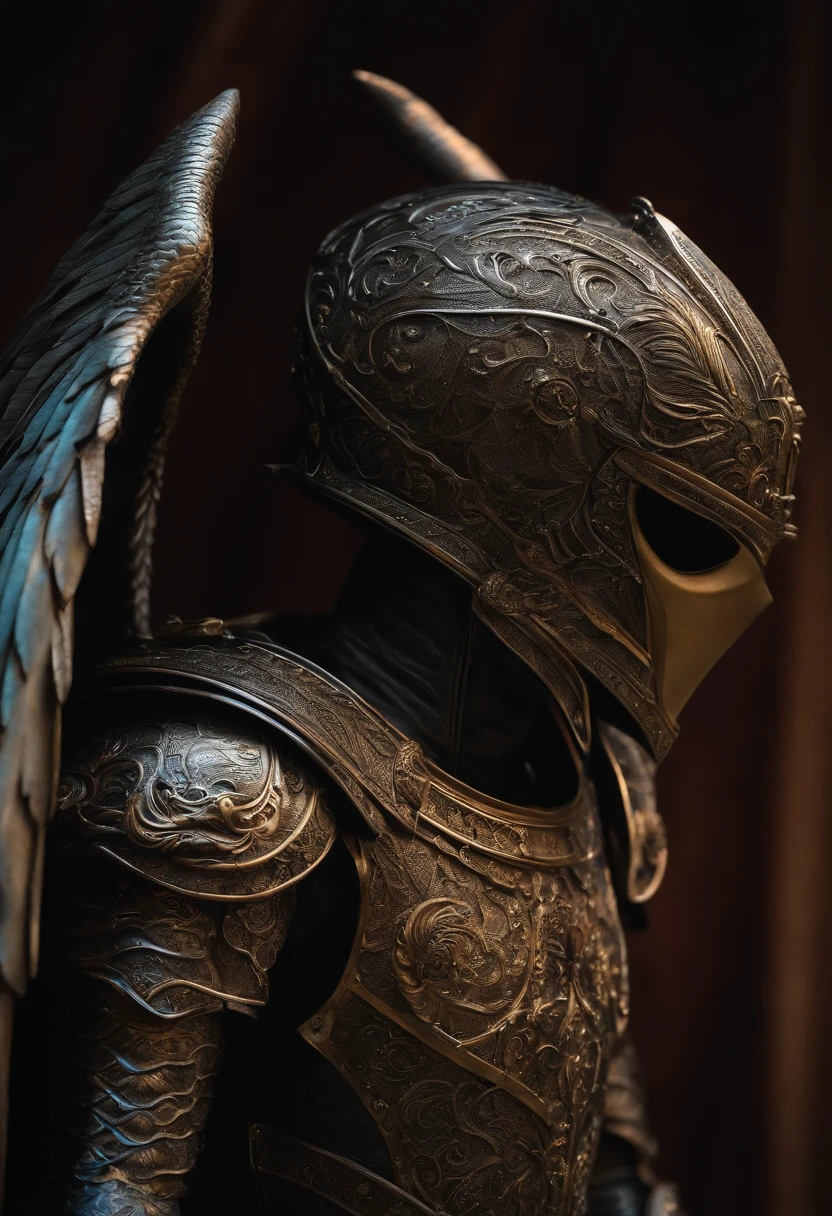 A knight with angel wings an alien head. side view